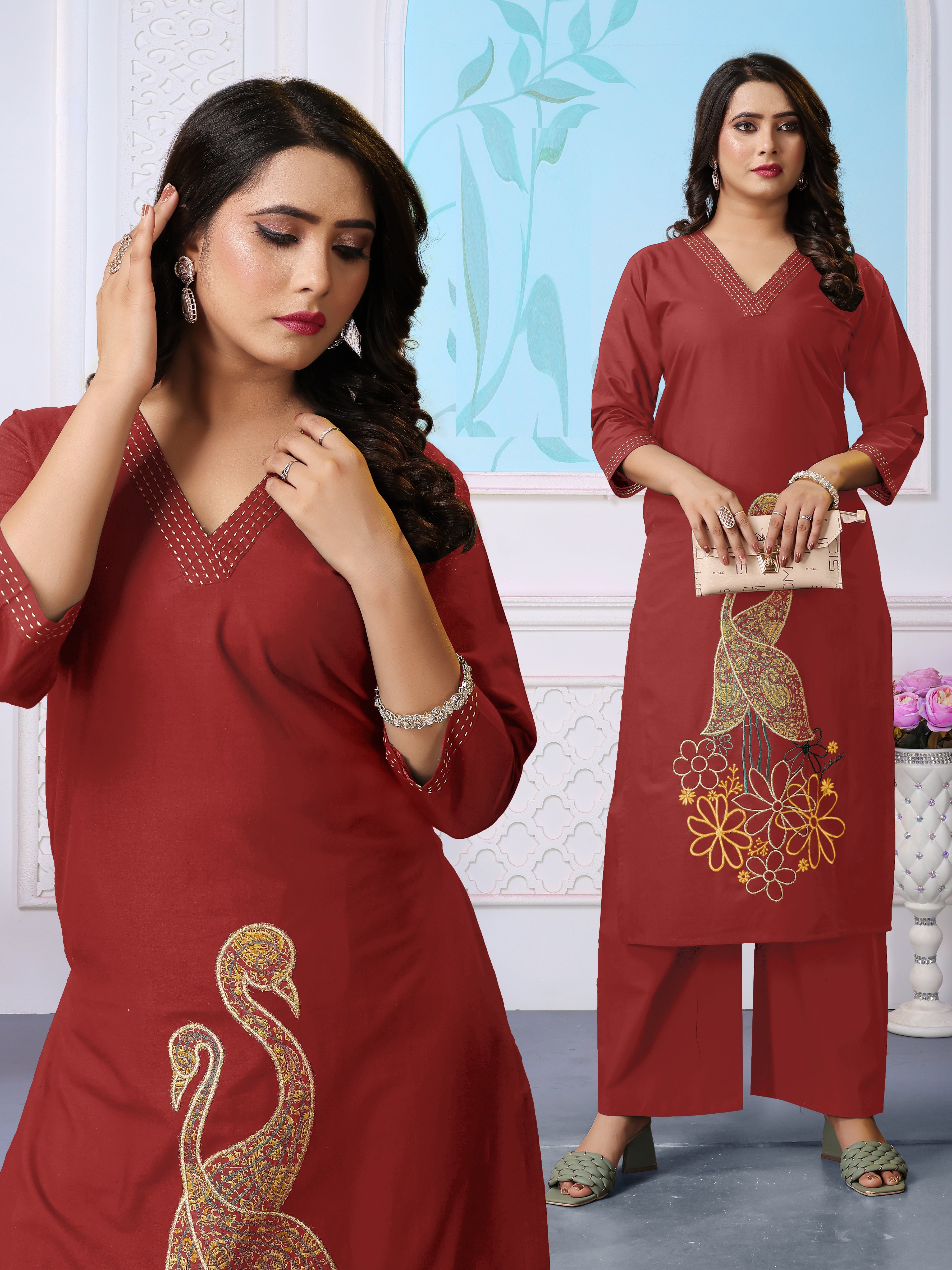 Maroon Cotton Coord Set with V-neck, Peacocks & Floral Embroidery