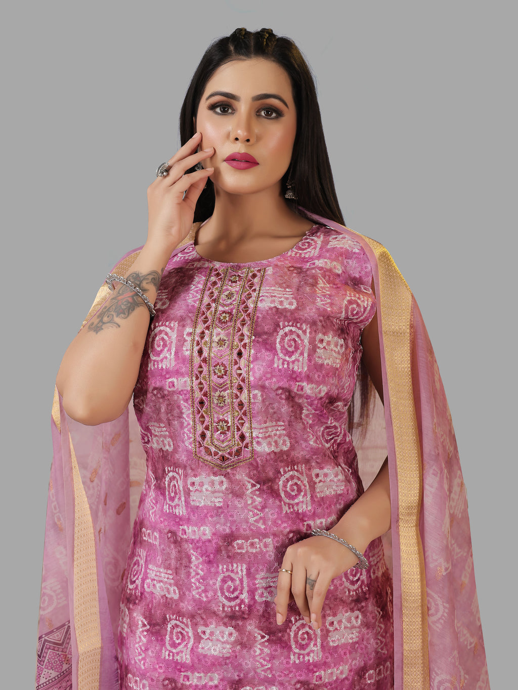 Mauve Rose Pink 3-Piece Suit with Chikan Embroidery, Digital Print & Mirror Work | Sleeveless Kurti, Embroidered Pants & Digital Dupatta