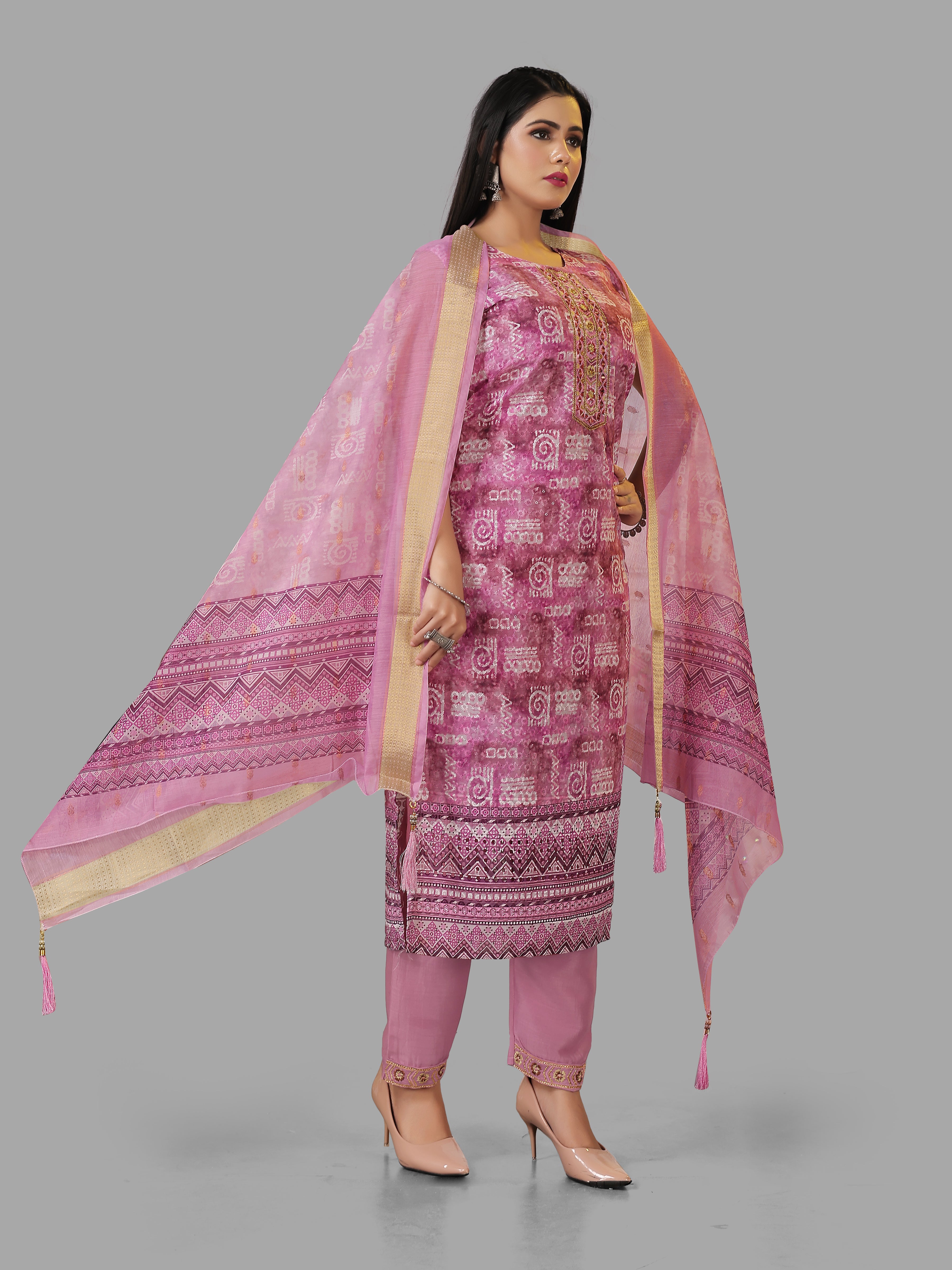 Mauve Rose Pink 3-Piece Suit with Chikan Embroidery, Digital Print & Mirror Work | Sleeveless Kurti, Embroidered Pants & Digital Dupatta