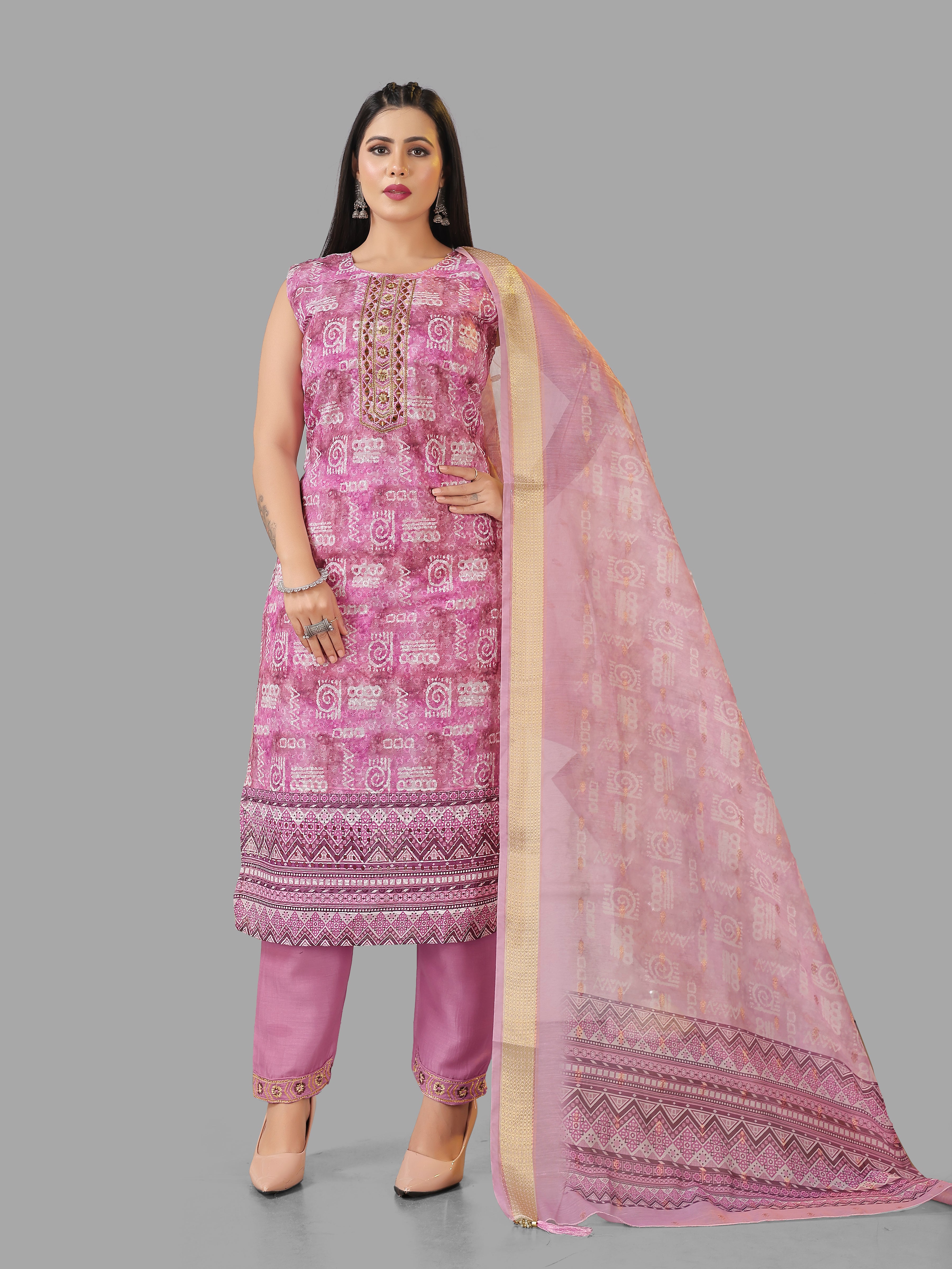 Mauve Rose Pink 3-Piece Suit with Chikan Embroidery, Digital Print & Mirror Work | Sleeveless Kurti, Embroidered Pants & Digital Dupatta