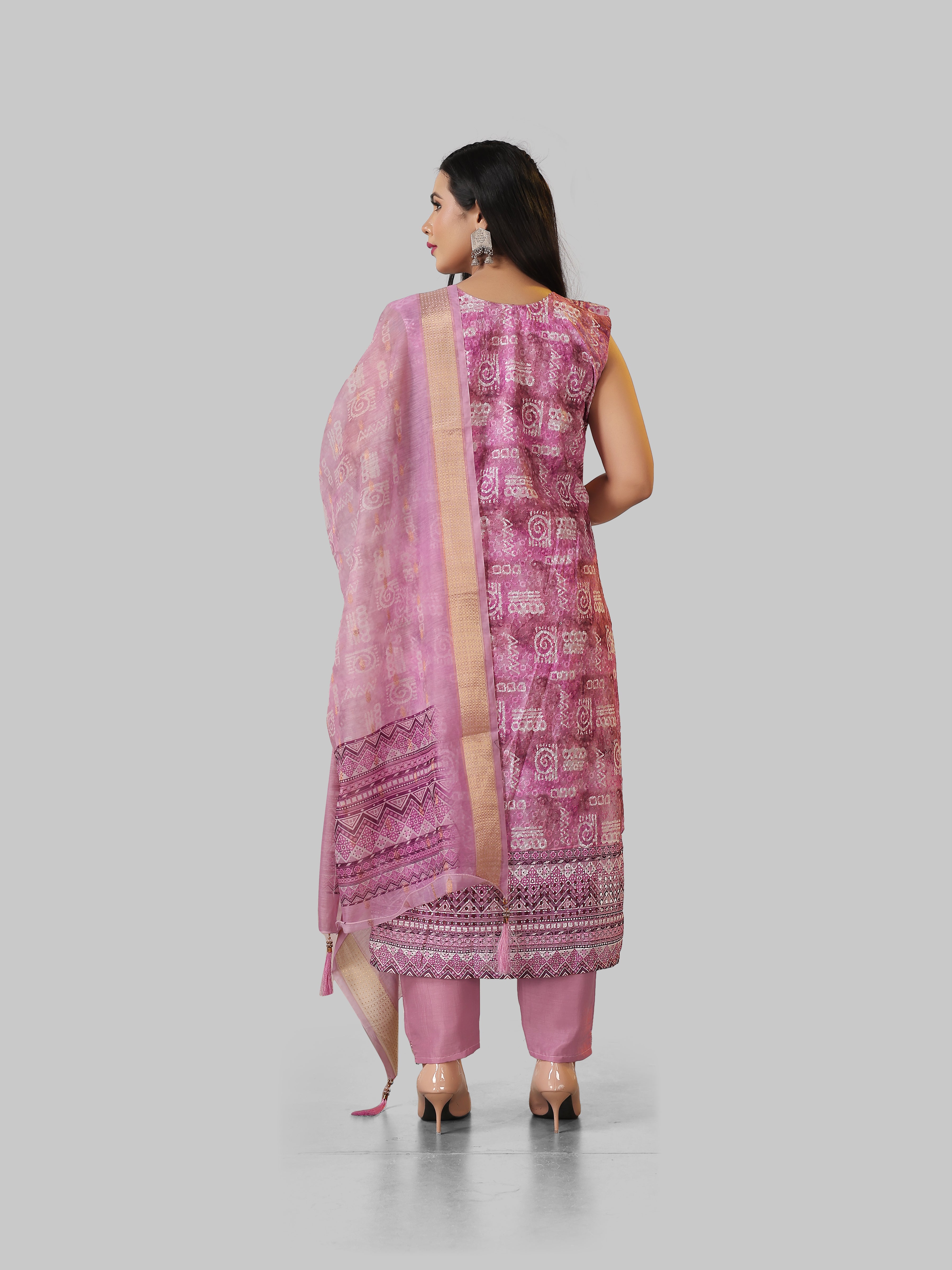 Mauve Rose Pink 3-Piece Suit with Chikan Embroidery, Digital Print & Mirror Work | Sleeveless Kurti, Embroidered Pants & Digital Dupatta