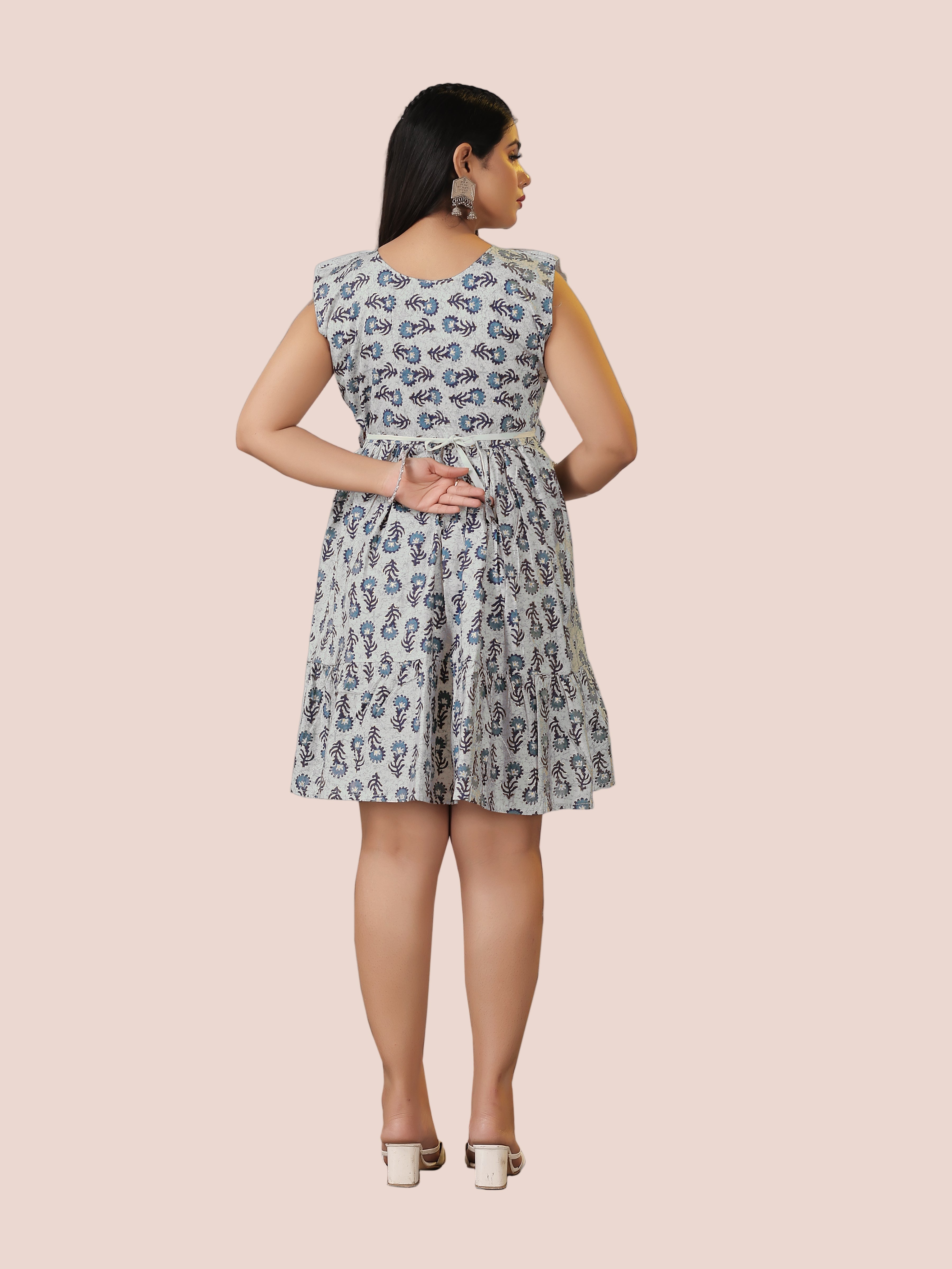 Blue Floral Print Long Umbrella Kurti with Belt | Modal Silk with Cotton Lining