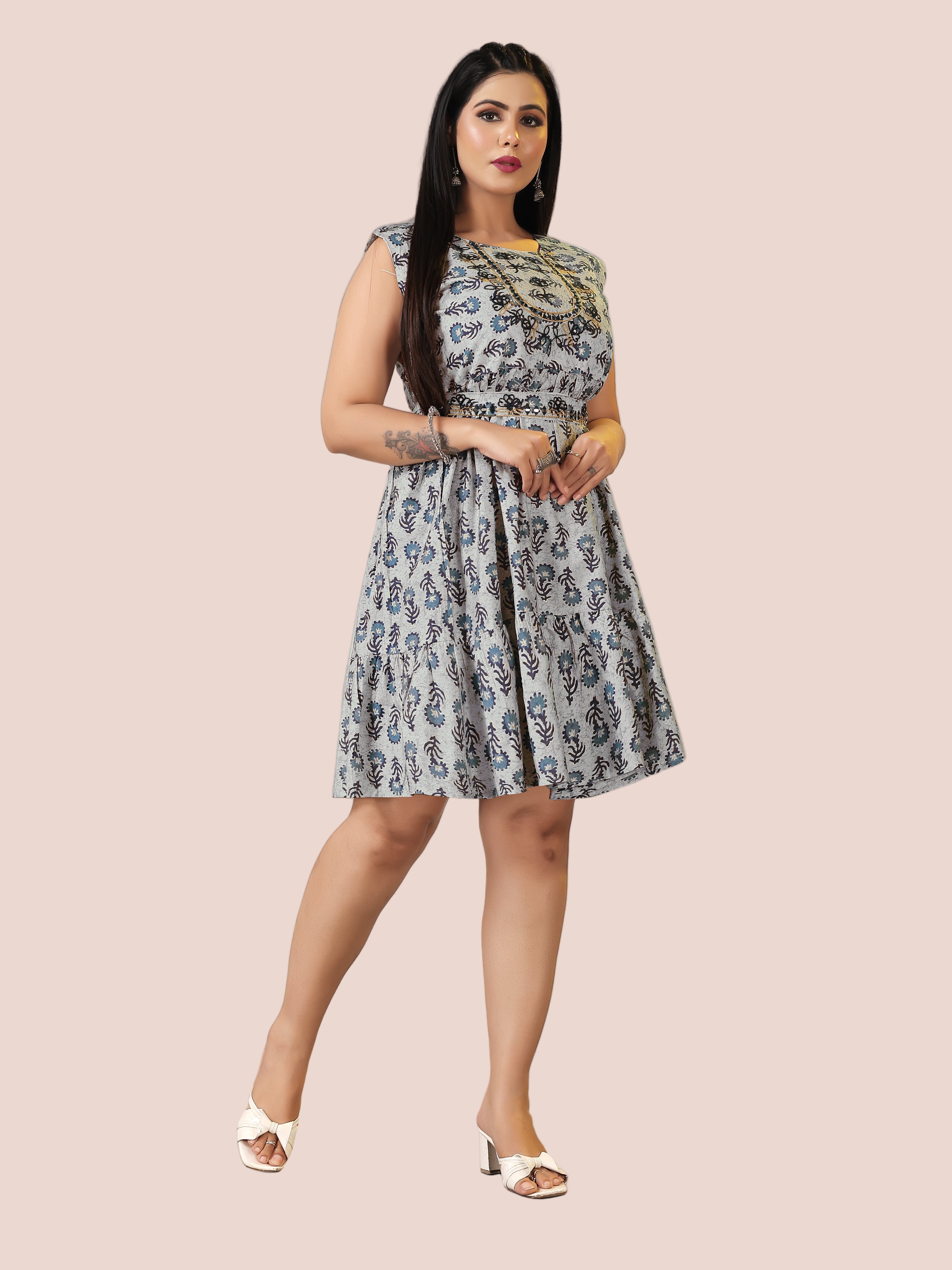 Blue Floral Print Long Umbrella Kurti with Belt | Modal Silk with Cotton Lining