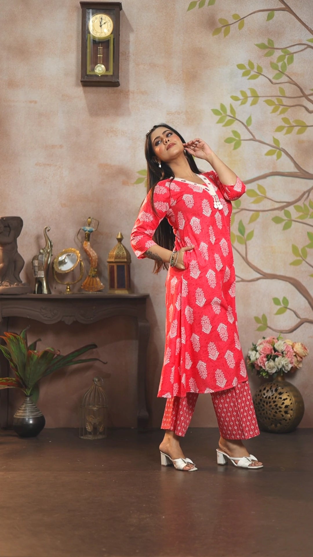 Coral Red Paisley Block Print Cotton Cambric A-Line Kurti Set