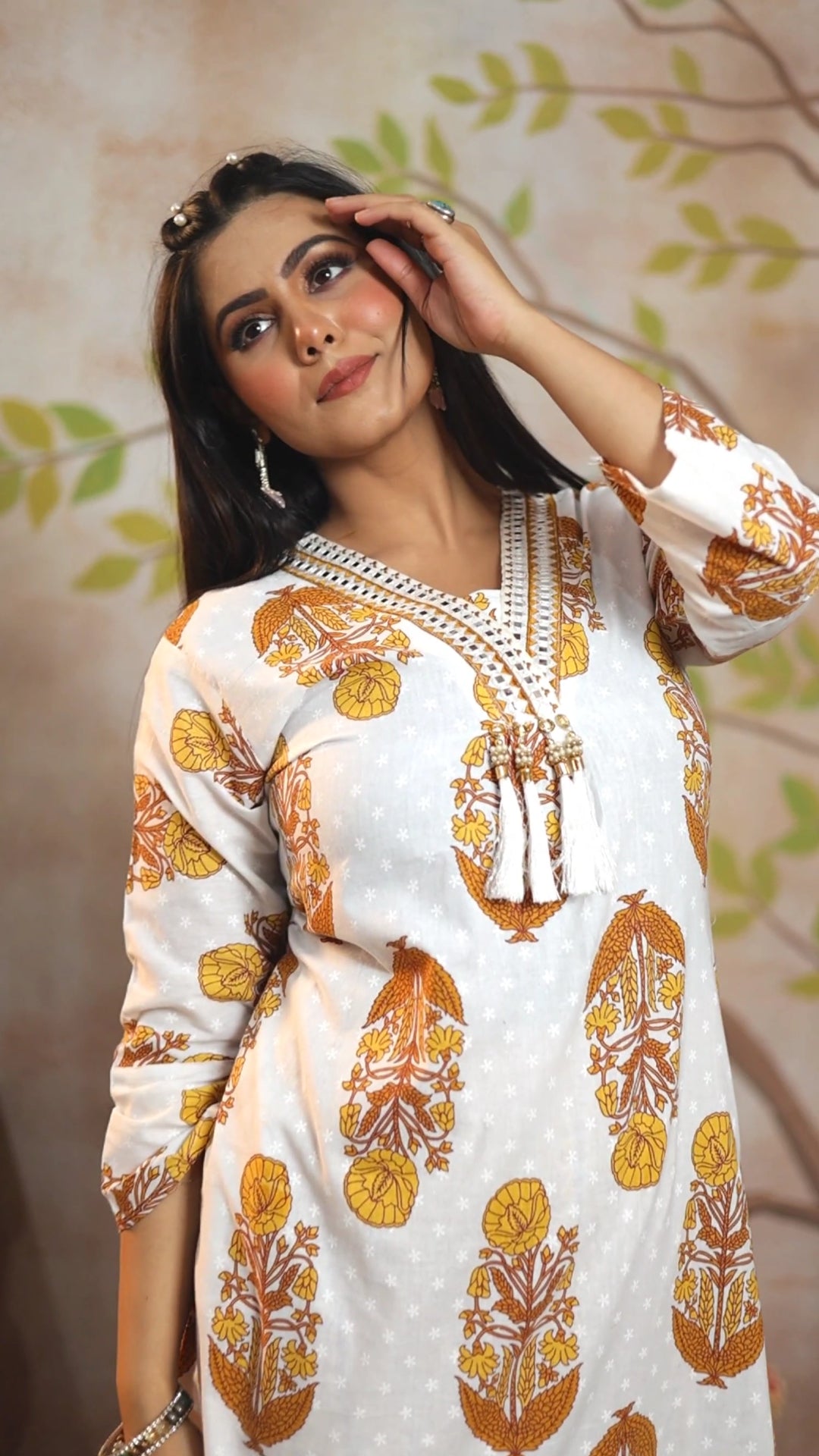White & Mustard Handblock Print Cotton Cambric A-Line Kurti  Set