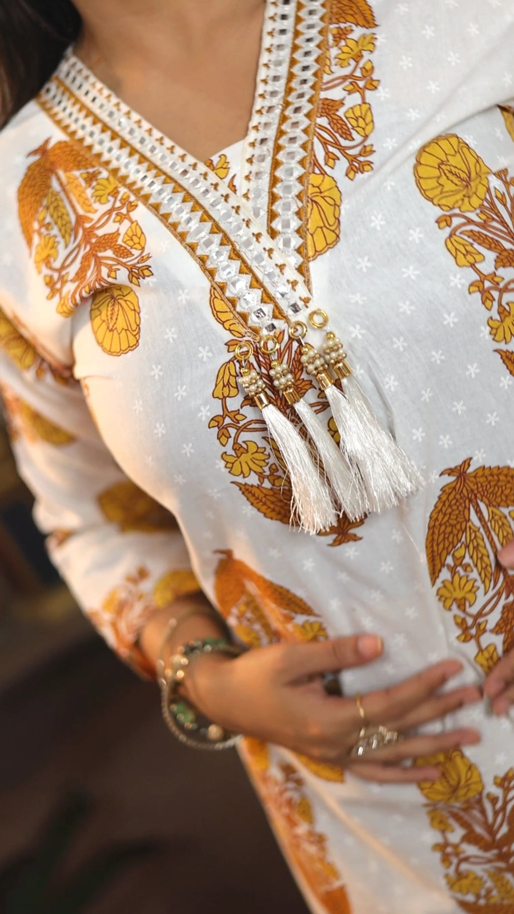 White & Mustard Handblock Print Cotton Cambric A-Line Kurti  Set