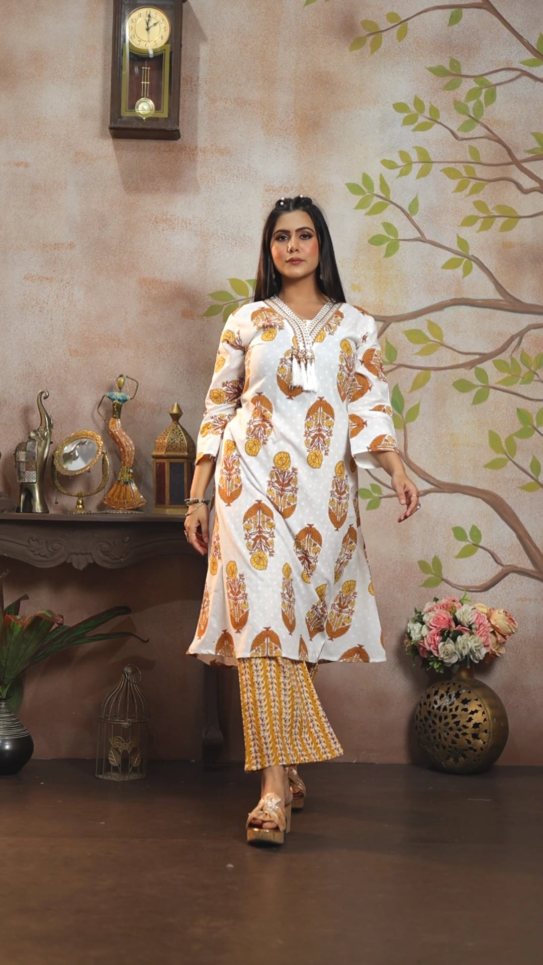 White & Mustard Handblock Print Cotton Cambric A-Line Kurti  Set