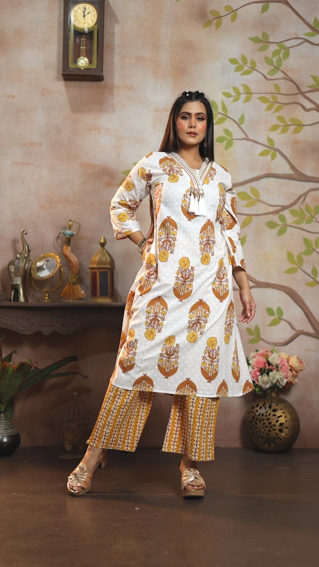 White & Mustard Handblock Print Cotton Cambric A-Line Kurti  Set