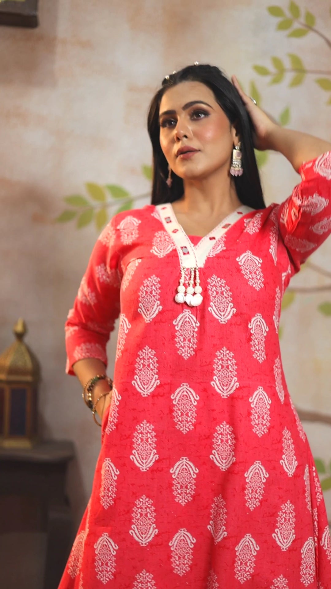 Coral Red Paisley Block Print Cotton Cambric A-Line Kurti Set