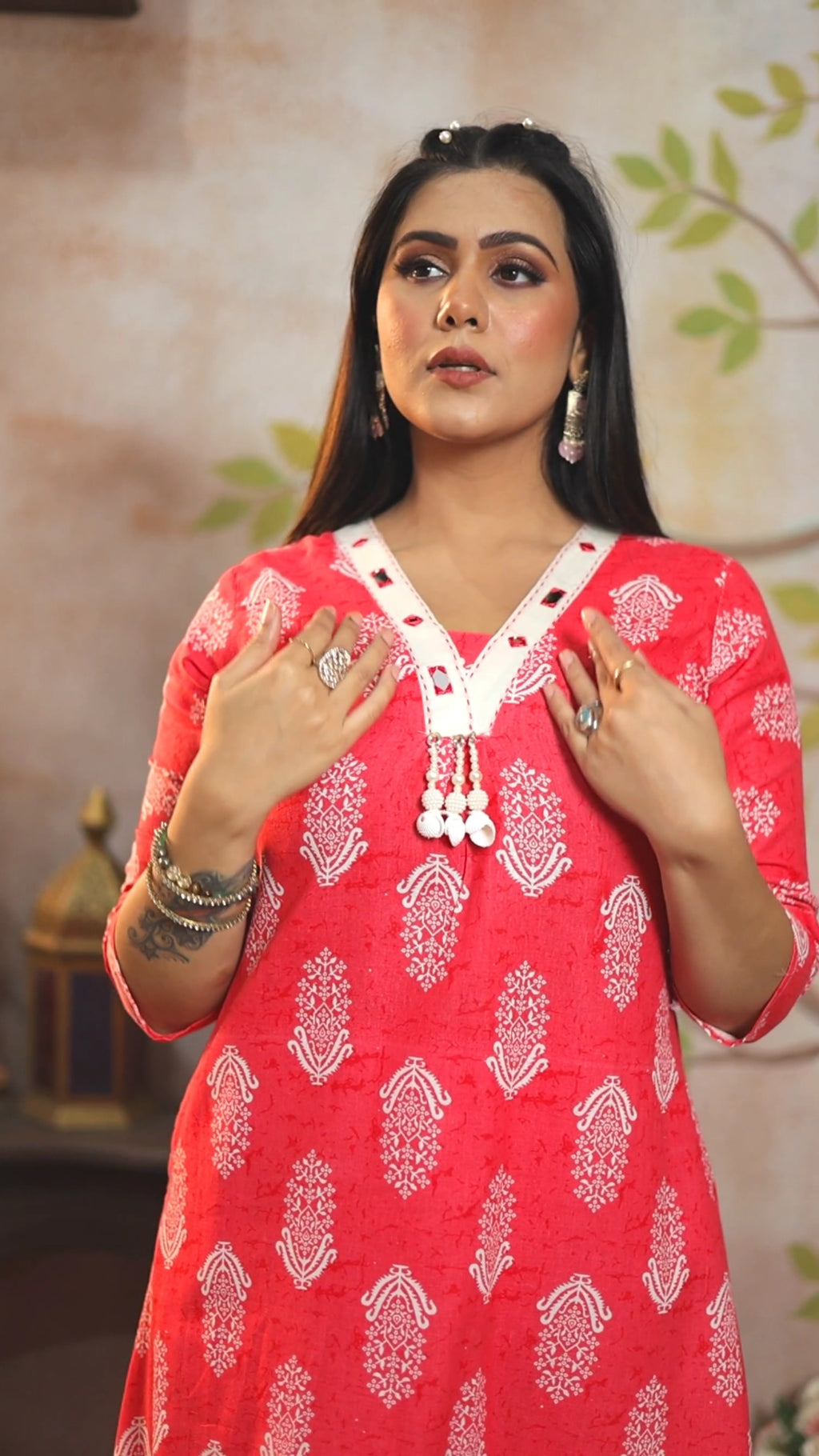 Coral Red Paisley Block Print Cotton Cambric A-Line Kurti Set