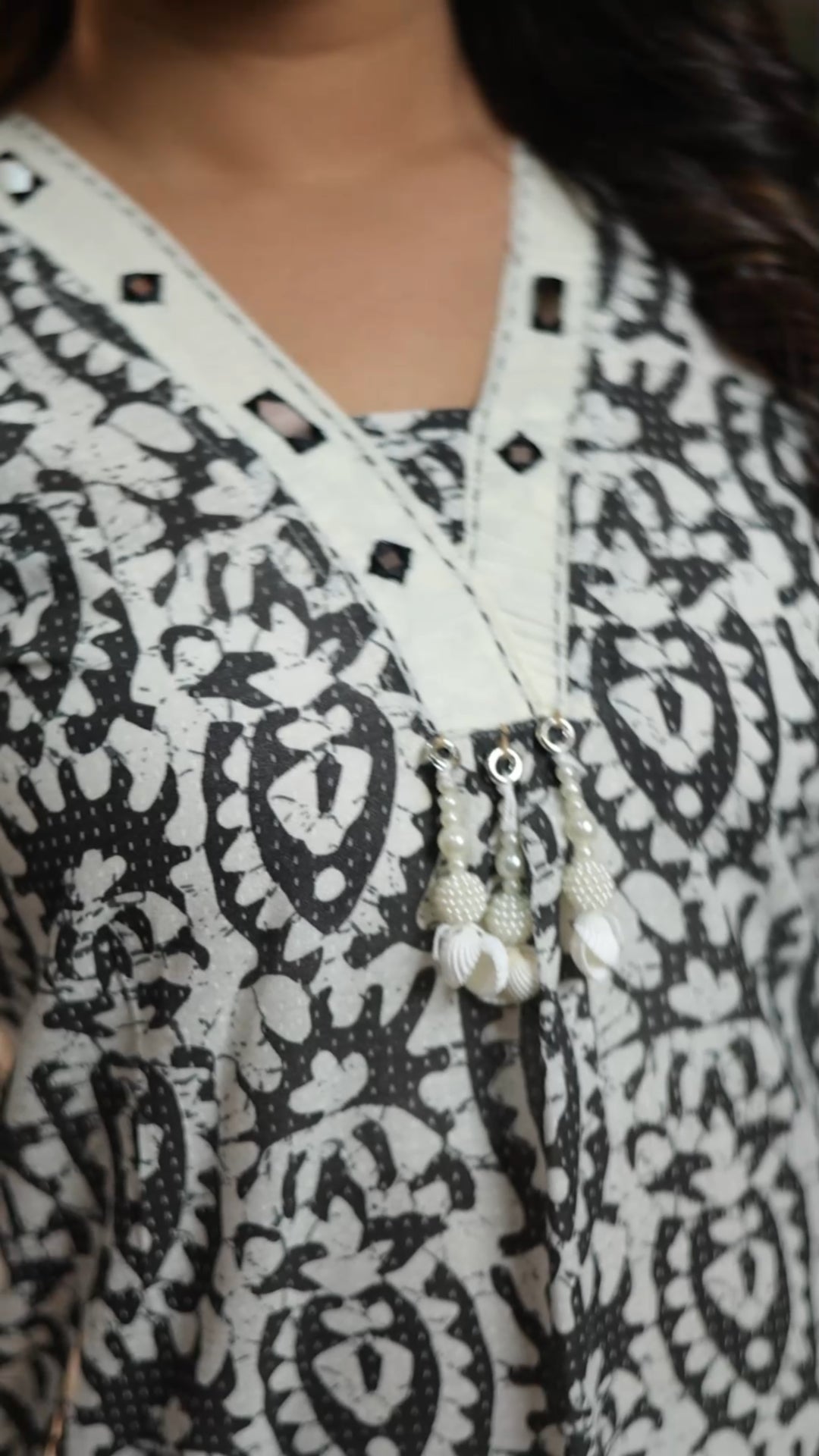 Black Ikat Cotton A-Line Kurti & Stripe Pant Set