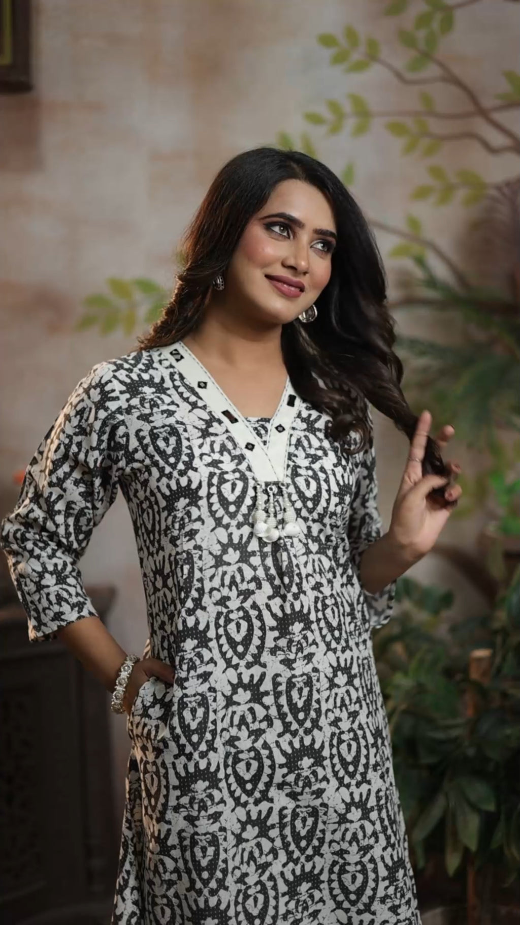 Black Ikat Cotton A-Line Kurti & Stripe Pant Set