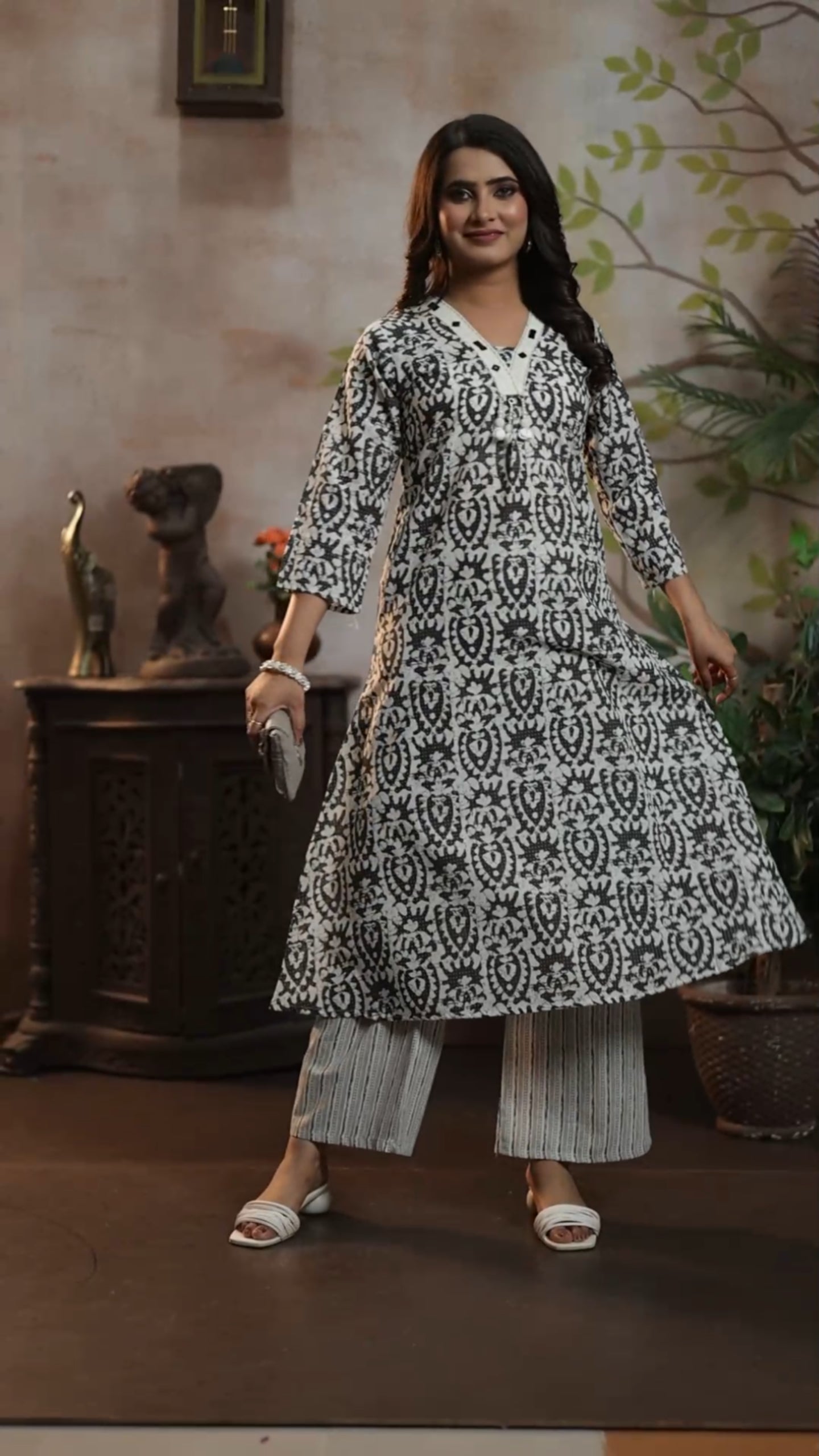 Black Ikat Cotton A-Line Kurti & Stripe Pant Set