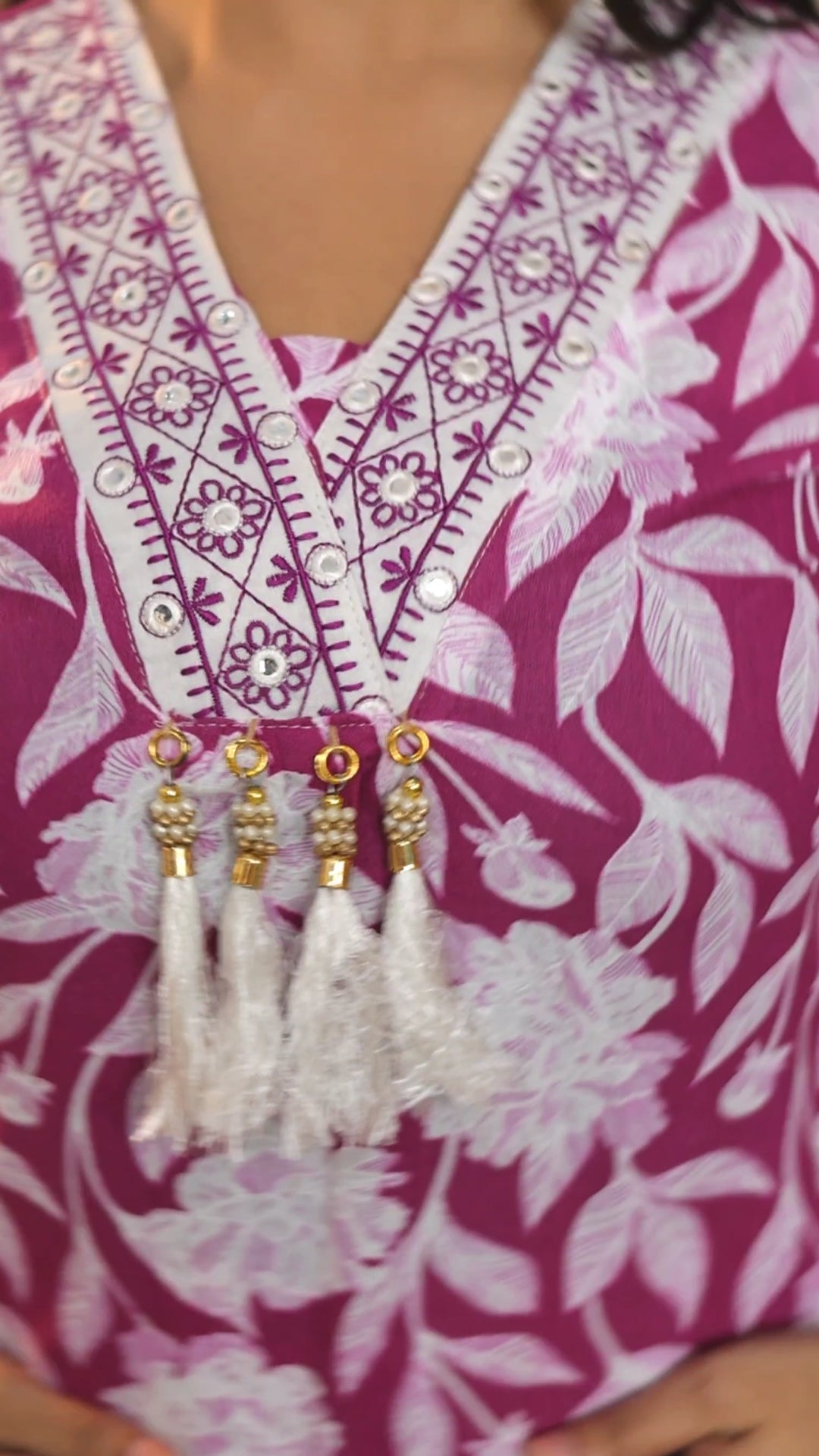 Magenta Floral Handblock Print Cotton Cambric A-Line Kurti Set