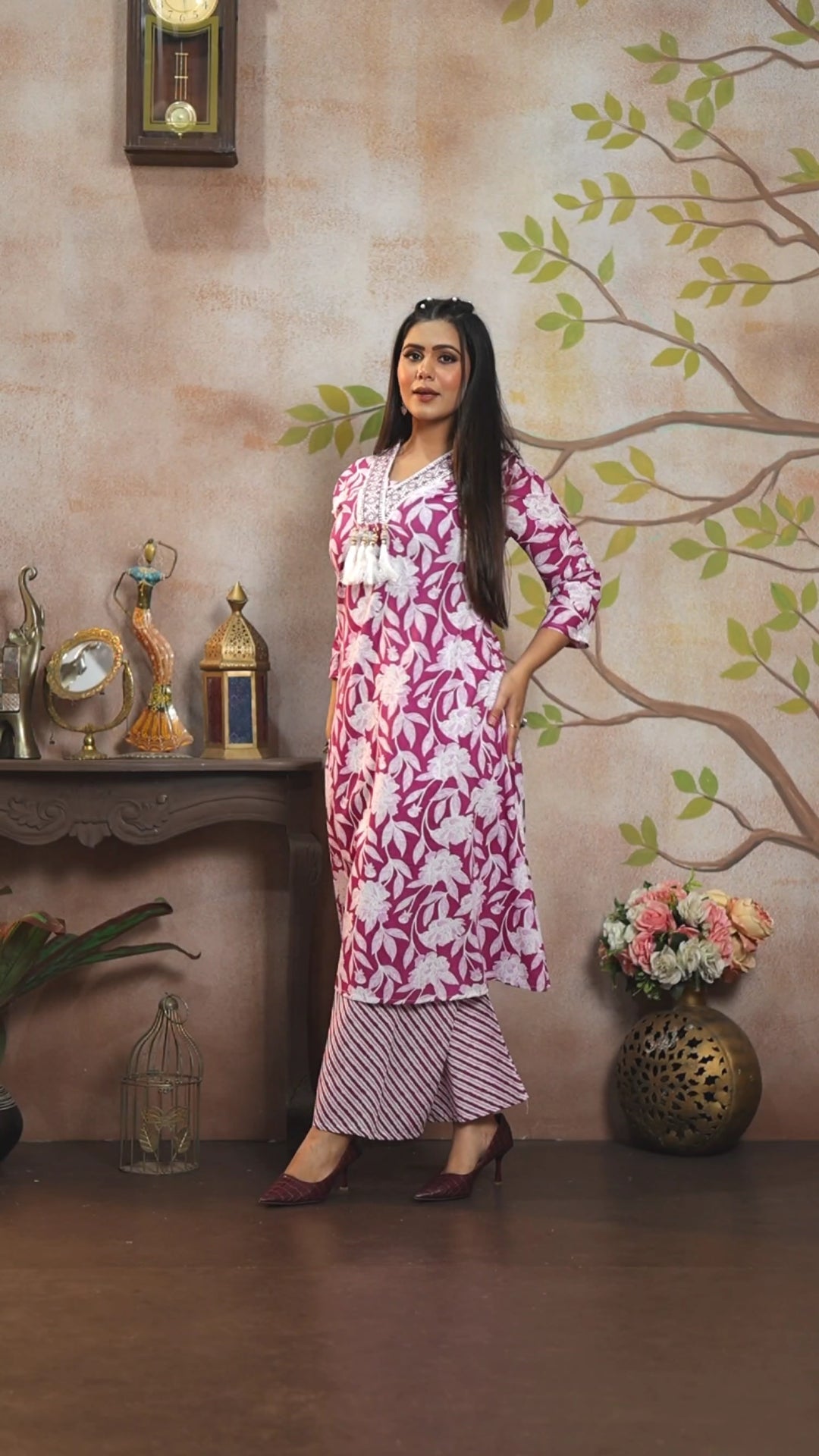 Magenta Floral Handblock Print Cotton Cambric A-Line Kurti Set