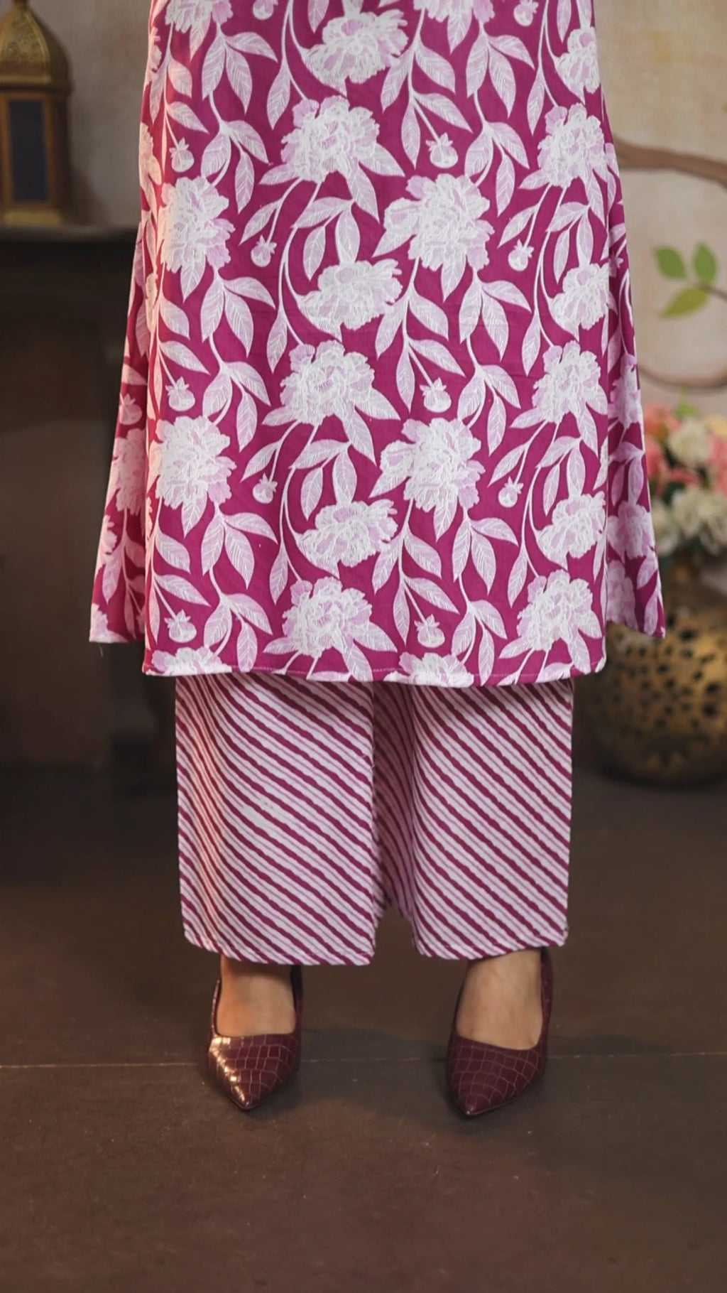 Magenta Floral Handblock Print Cotton Cambric A-Line Kurti Set