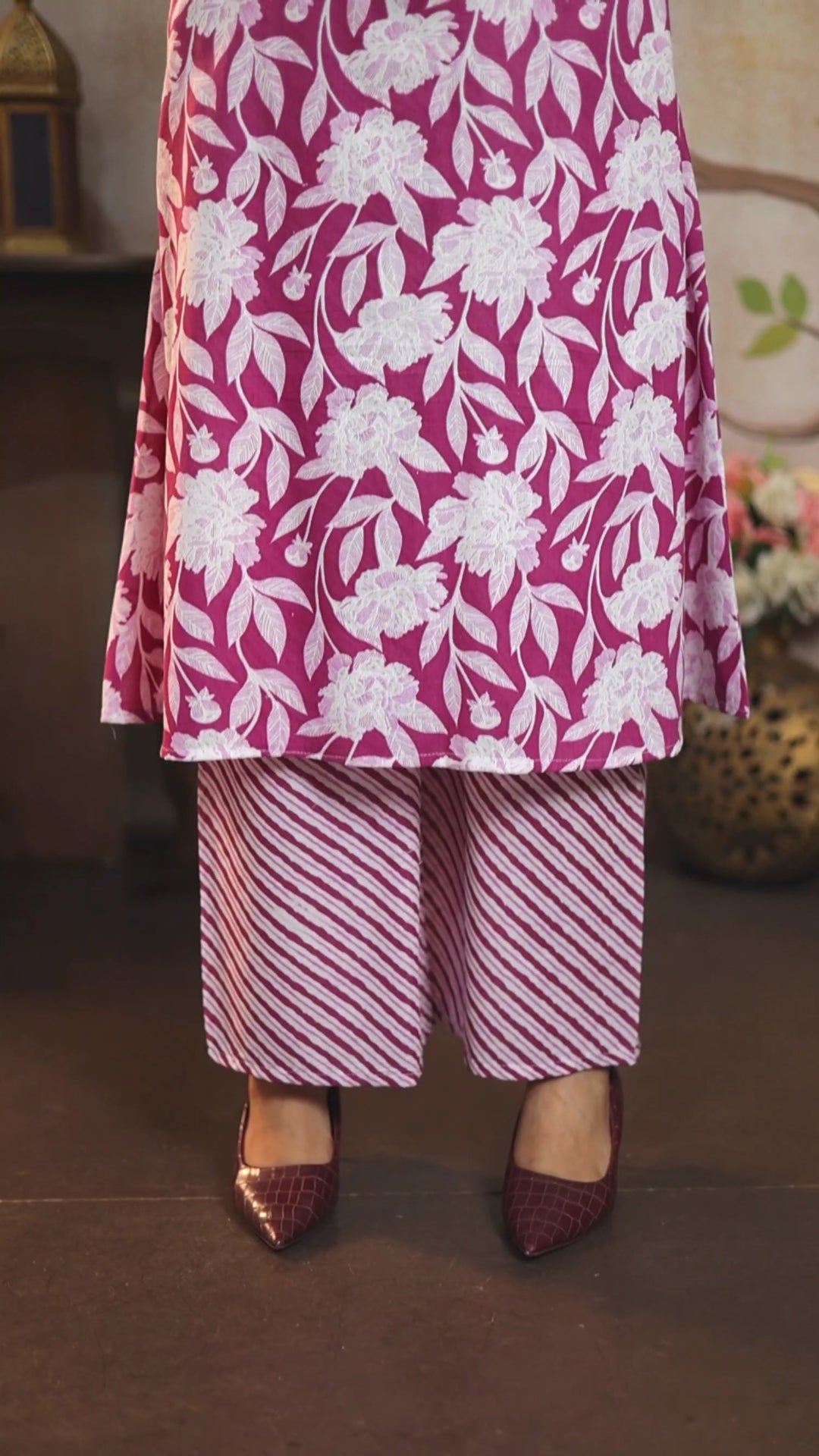 Magenta Floral Handblock Print Cotton Cambric A-Line Kurti Set