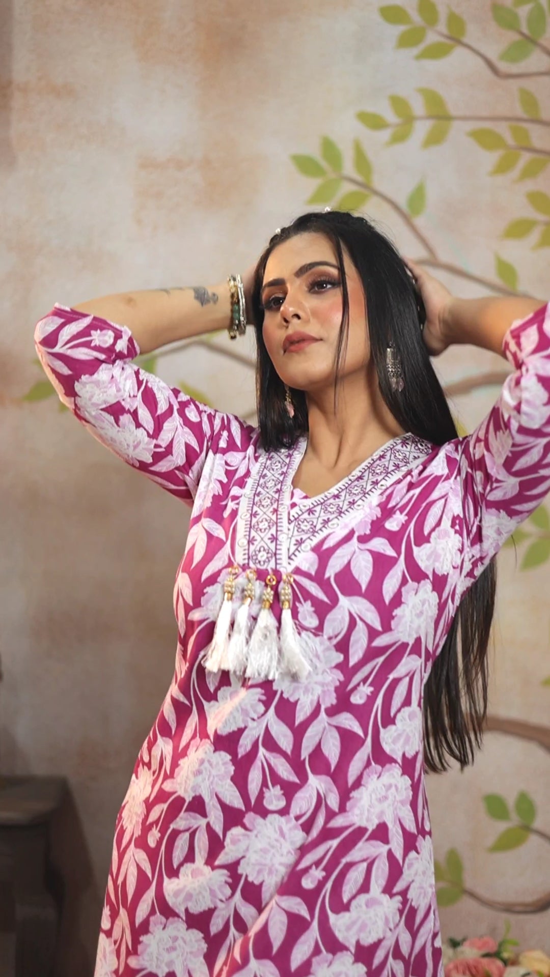 Magenta Floral Handblock Print Cotton Cambric A-Line Kurti Set