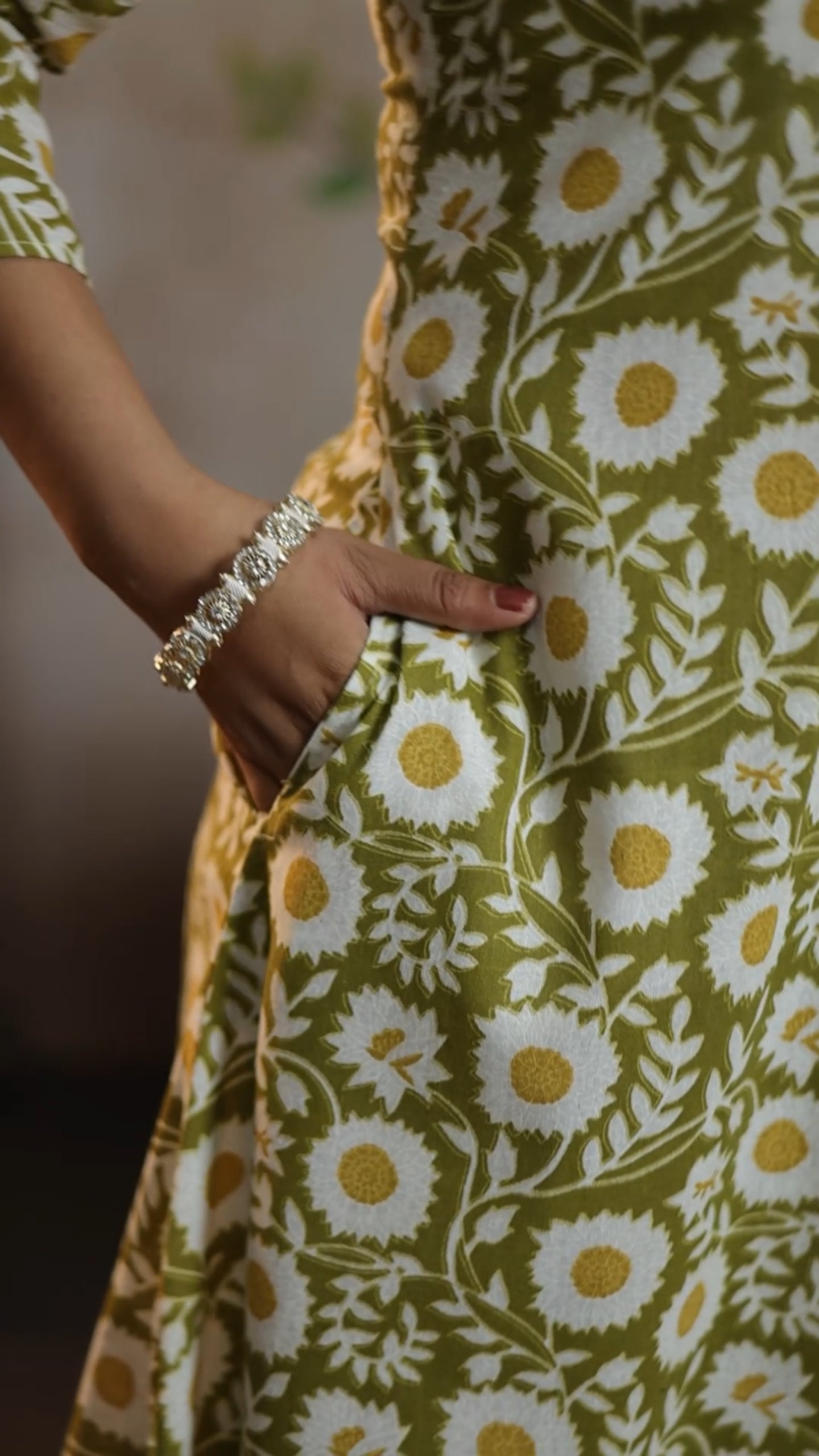 Olive Ikat Floral Cotton A-Line Kurti & Chevron Pant Set