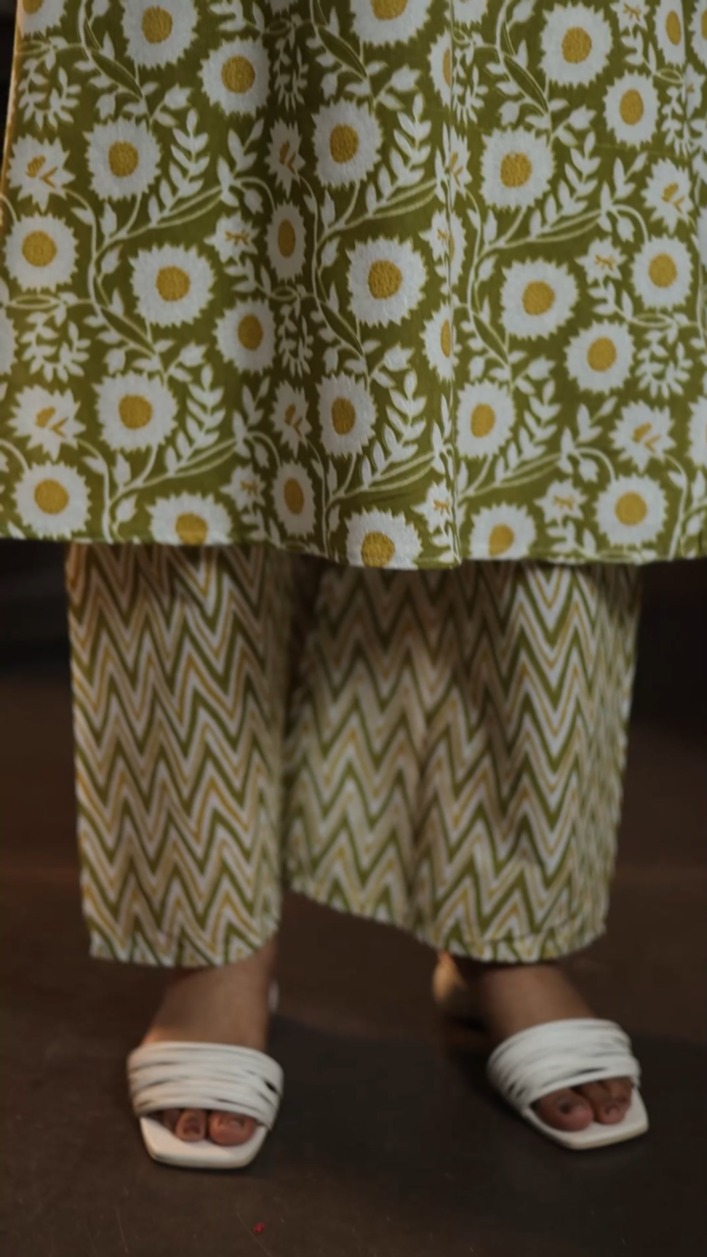 Olive Ikat Floral Cotton A-Line Kurti & Chevron Pant Set