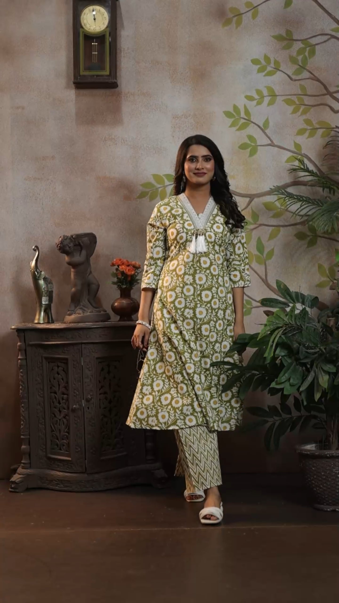 Olive Ikat Floral Cotton A-Line Kurti & Chevron Pant Set