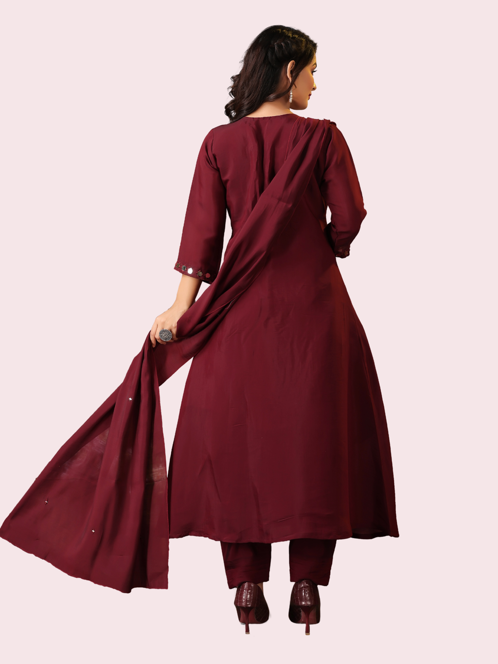 Mal Chanderi Anarkali Kurti with Mirror Work, Pant & Dupatta