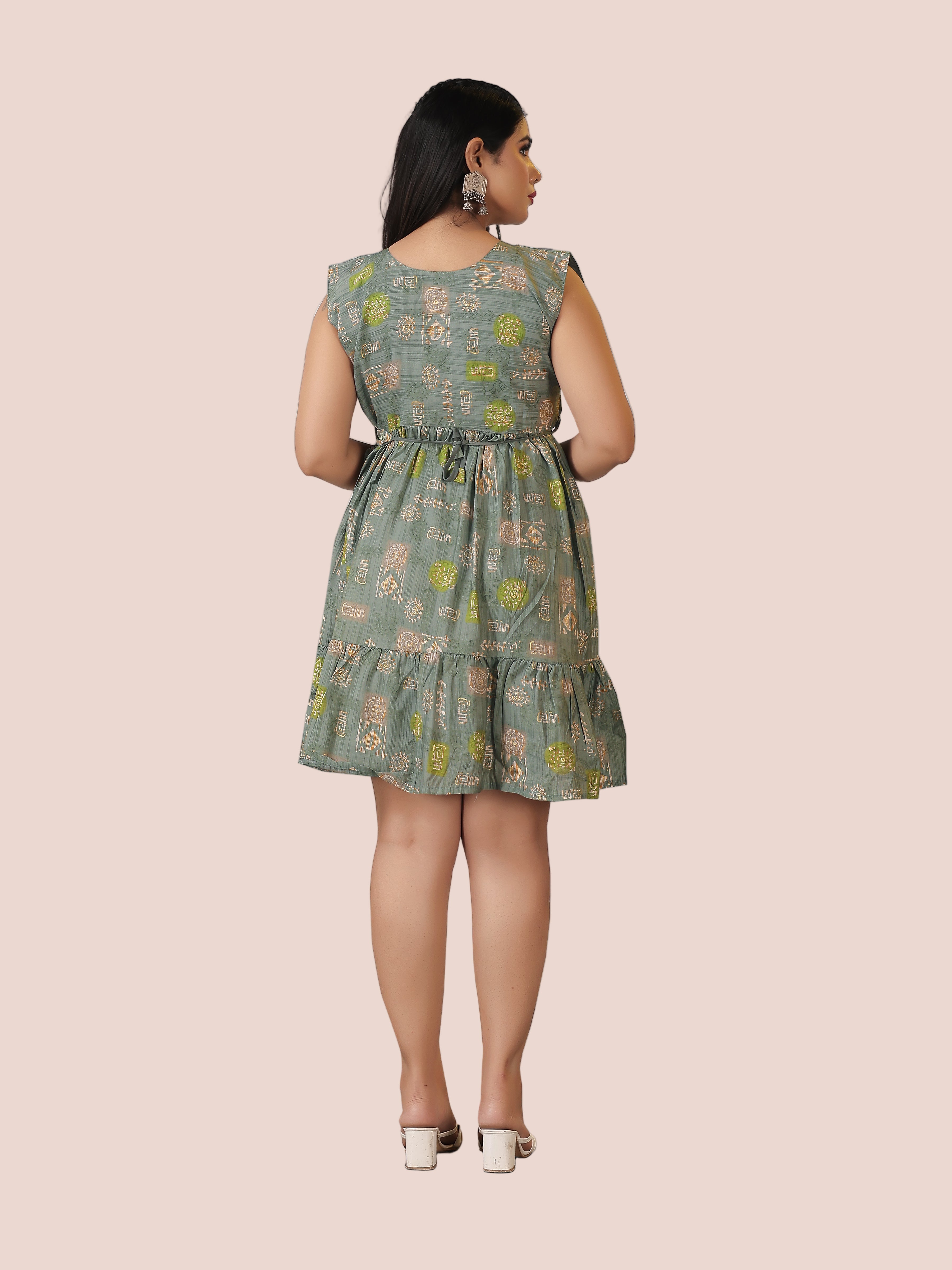 Green Floral One-Piece Frock Dress with Belt | Modal Silk with Cotton Lining
