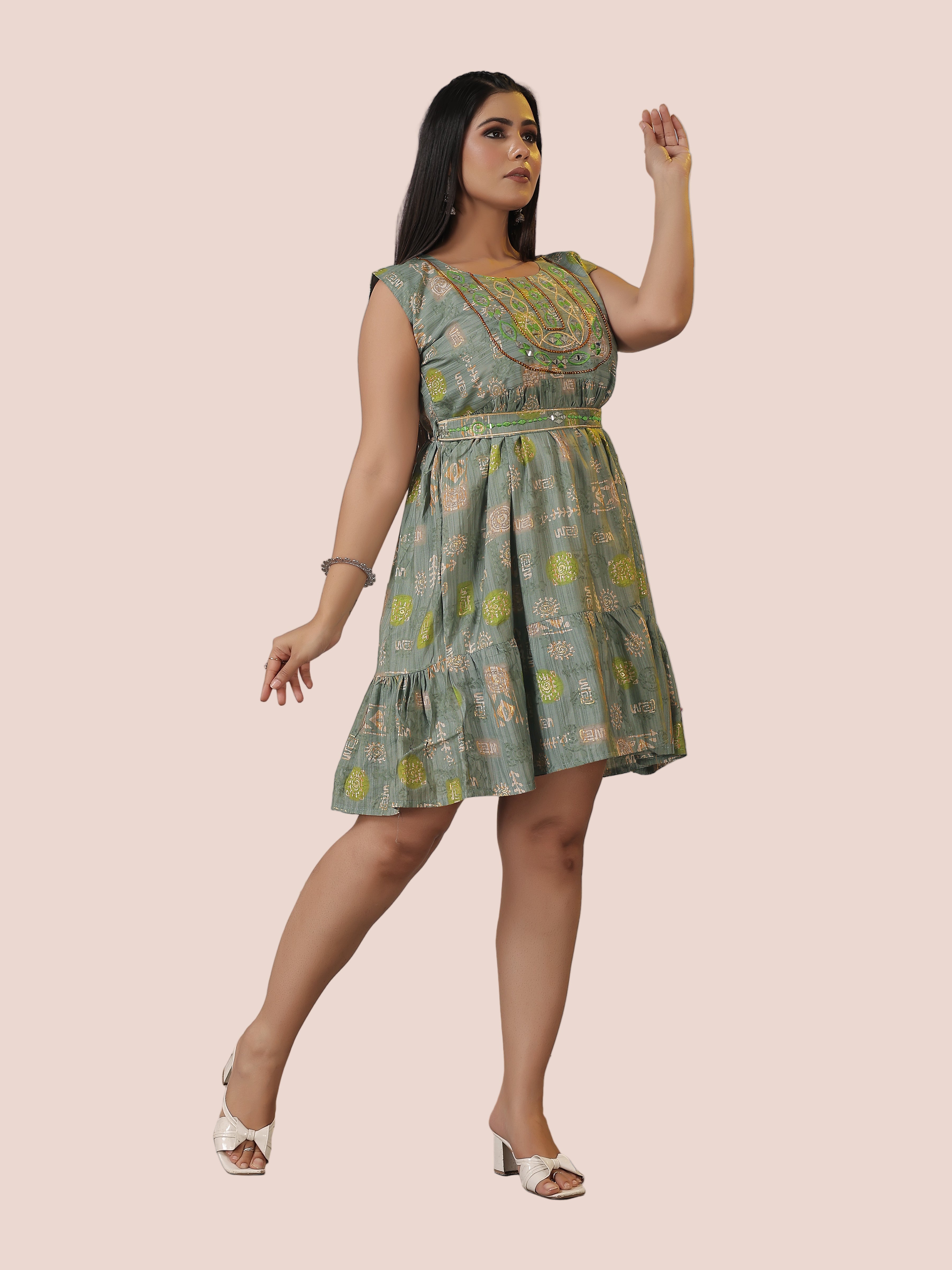 Green Floral One-Piece Frock Dress with Belt | Modal Silk with Cotton Lining