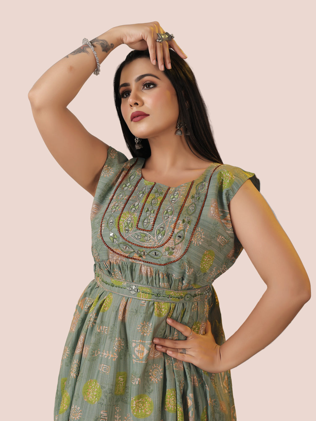 Green Floral One-Piece Frock Dress with Belt | Modal Silk with Cotton Lining