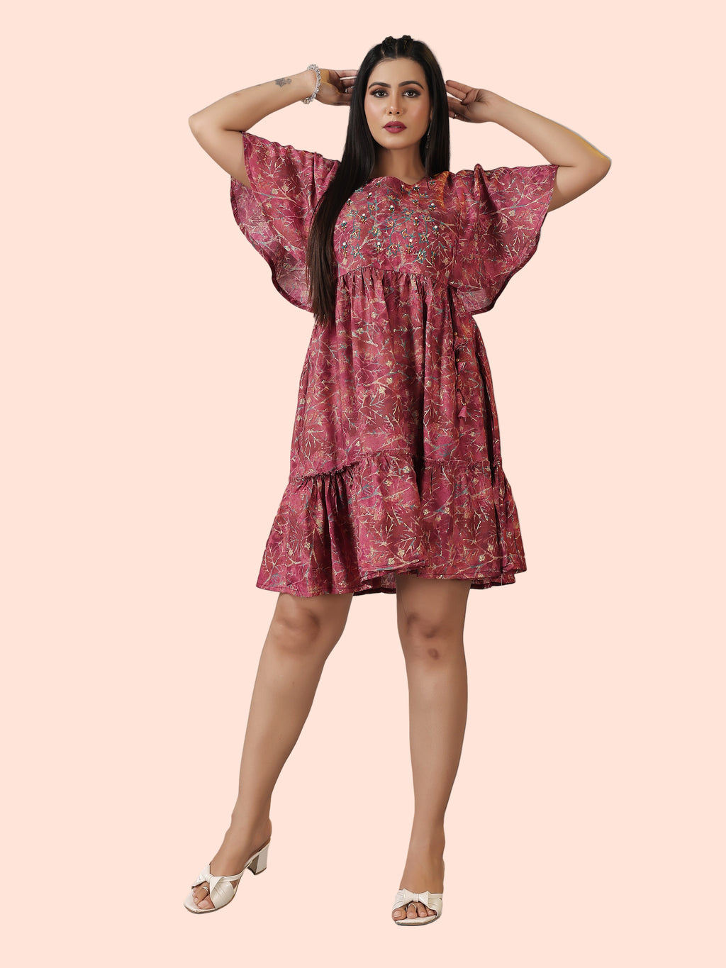 Maroon Floral One-Piece Frock Dress with Belt | Modal Silk with Cotton Lining
