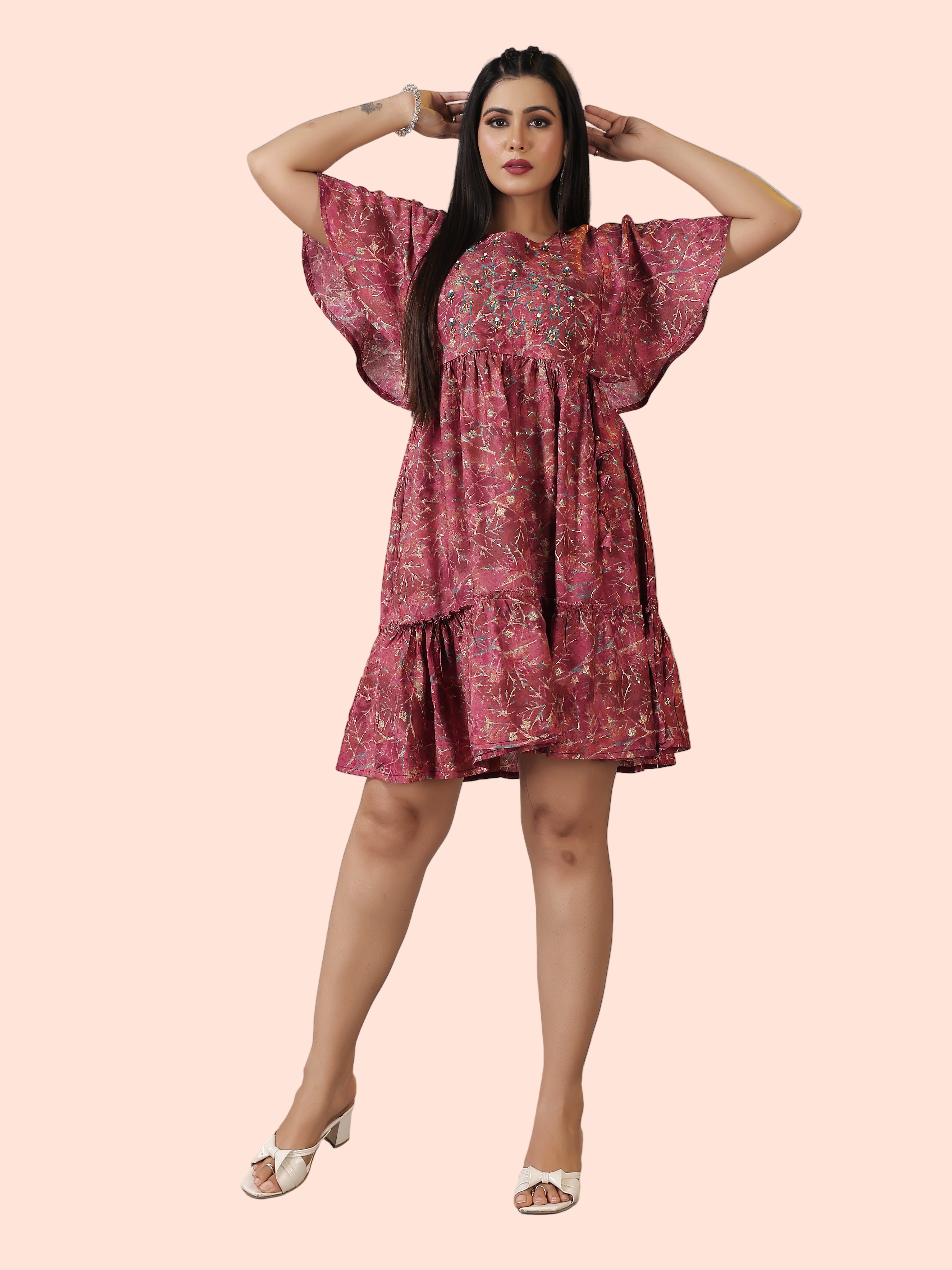 Maroon Floral One-Piece Frock Dress with Belt | Modal Silk with Cotton Lining