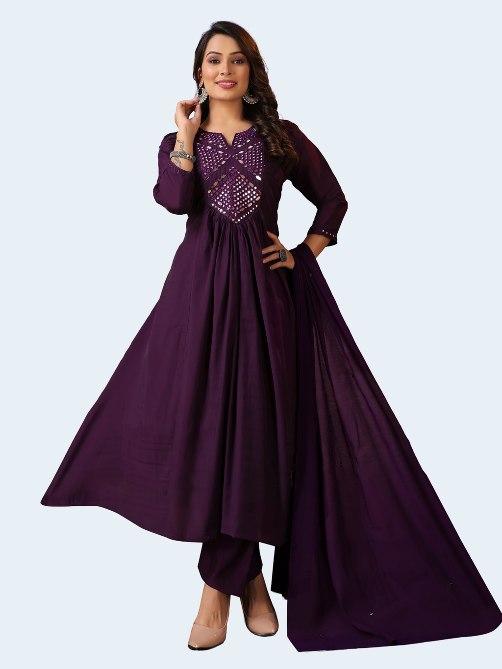 Violet Mal Chanderi Mirror Work Anarkali Kurti Set with Pants & Dupatta