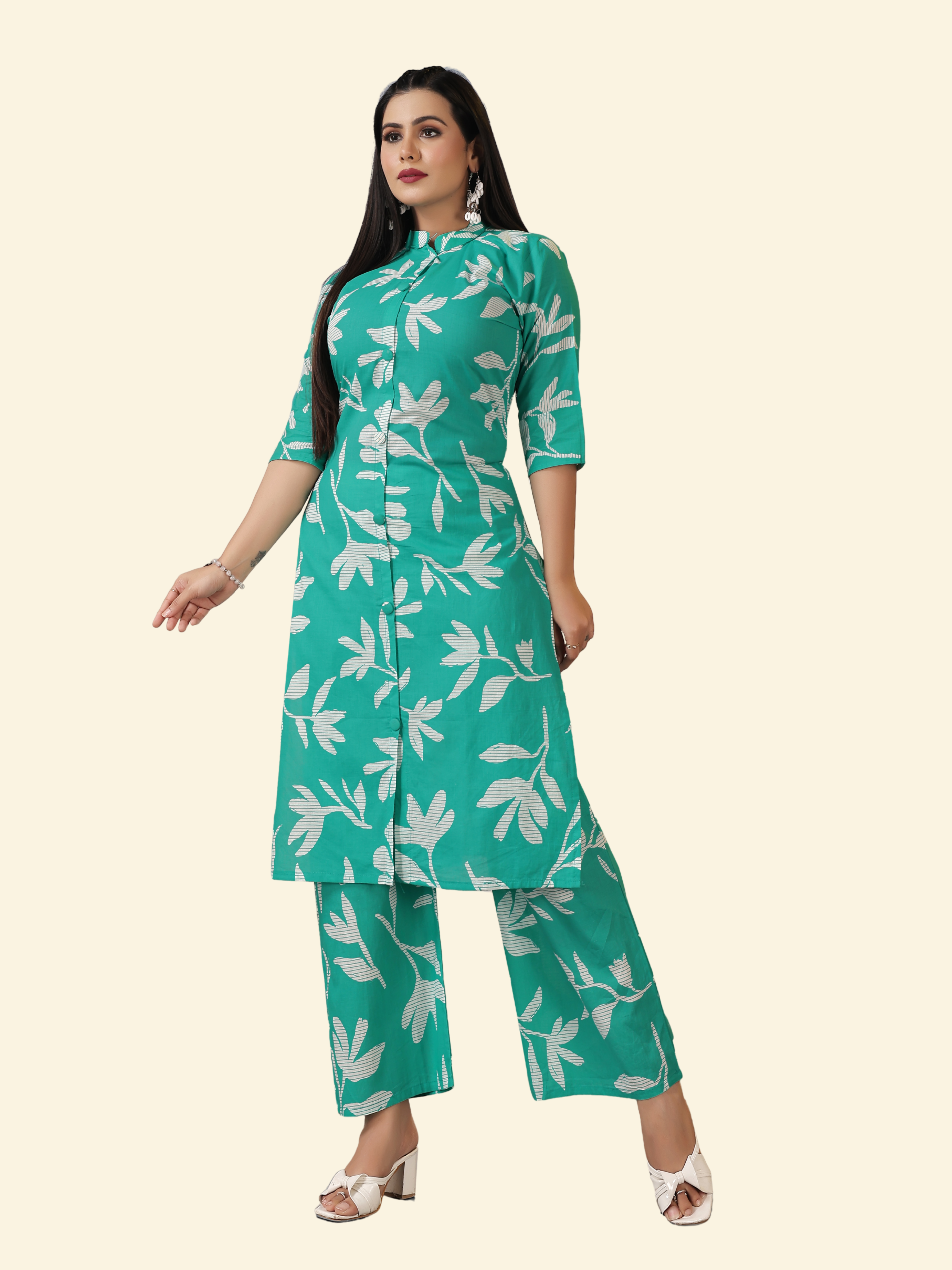 Teal Green Cotton Cambric A-Line Kurti & Pant Set