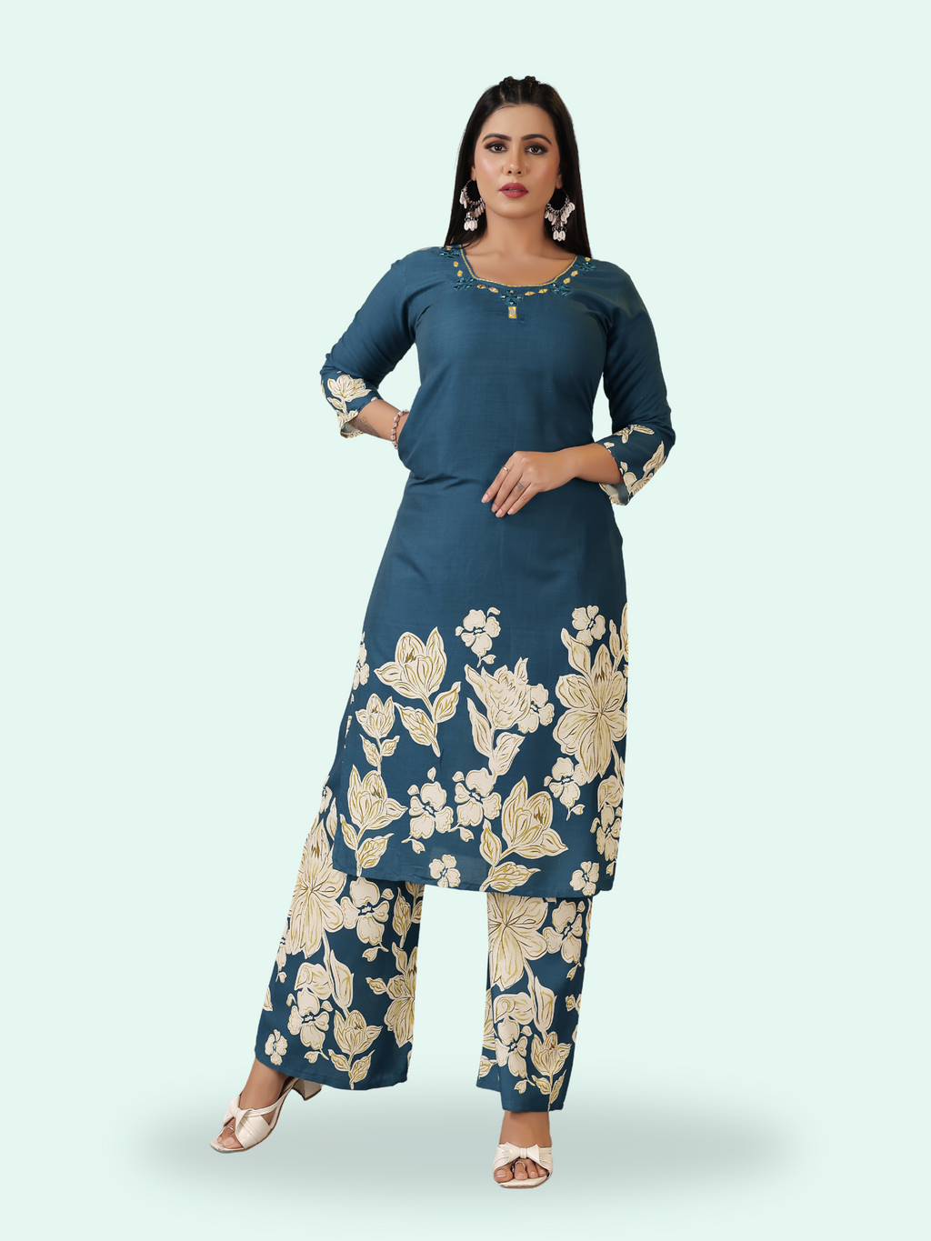 Steel Blue Floral Print Rayon Cotton Coord Set