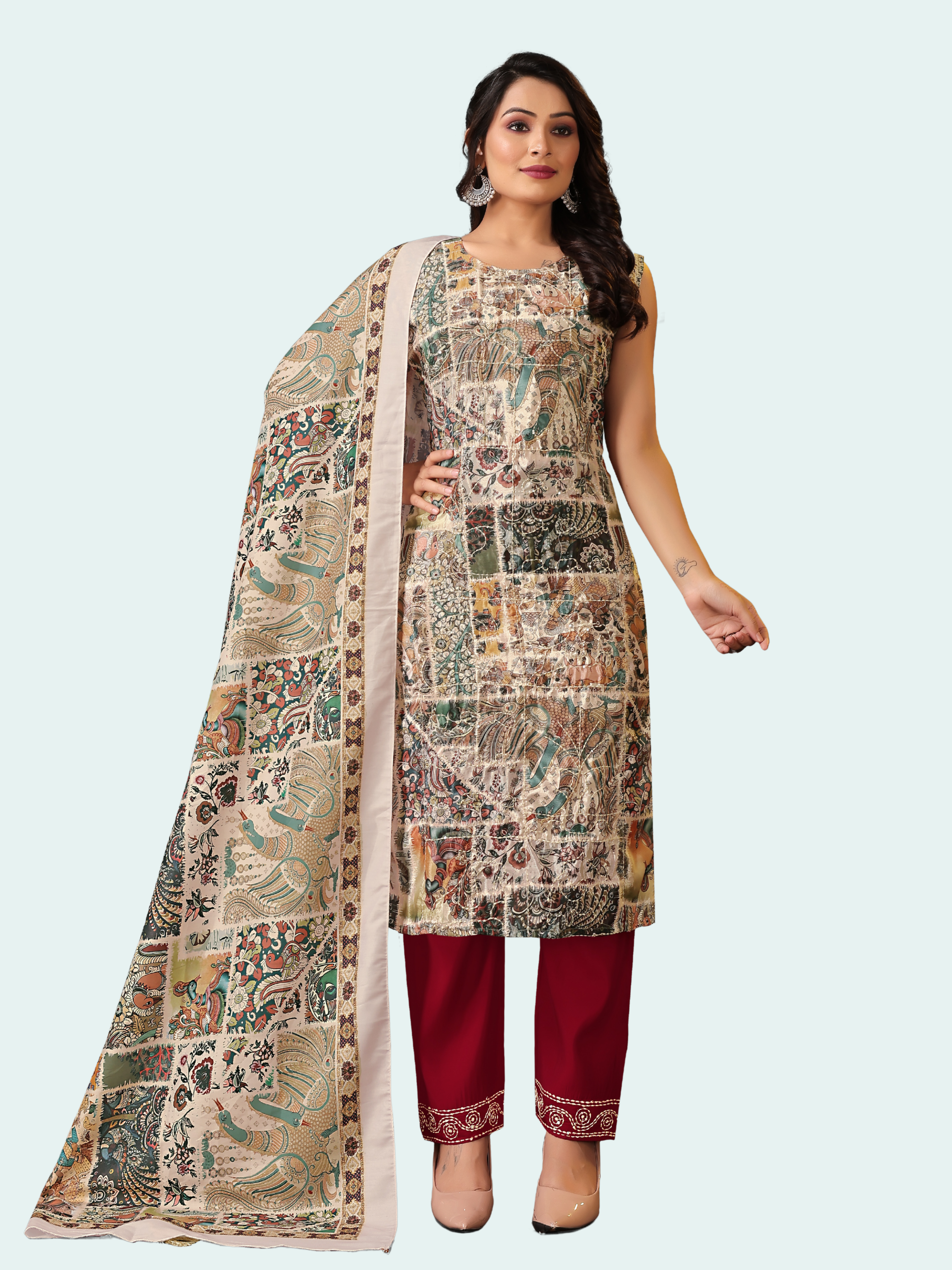 Chinon Silk Block Patch Print Suit Set with Handwork | Pockets & Dupatta
