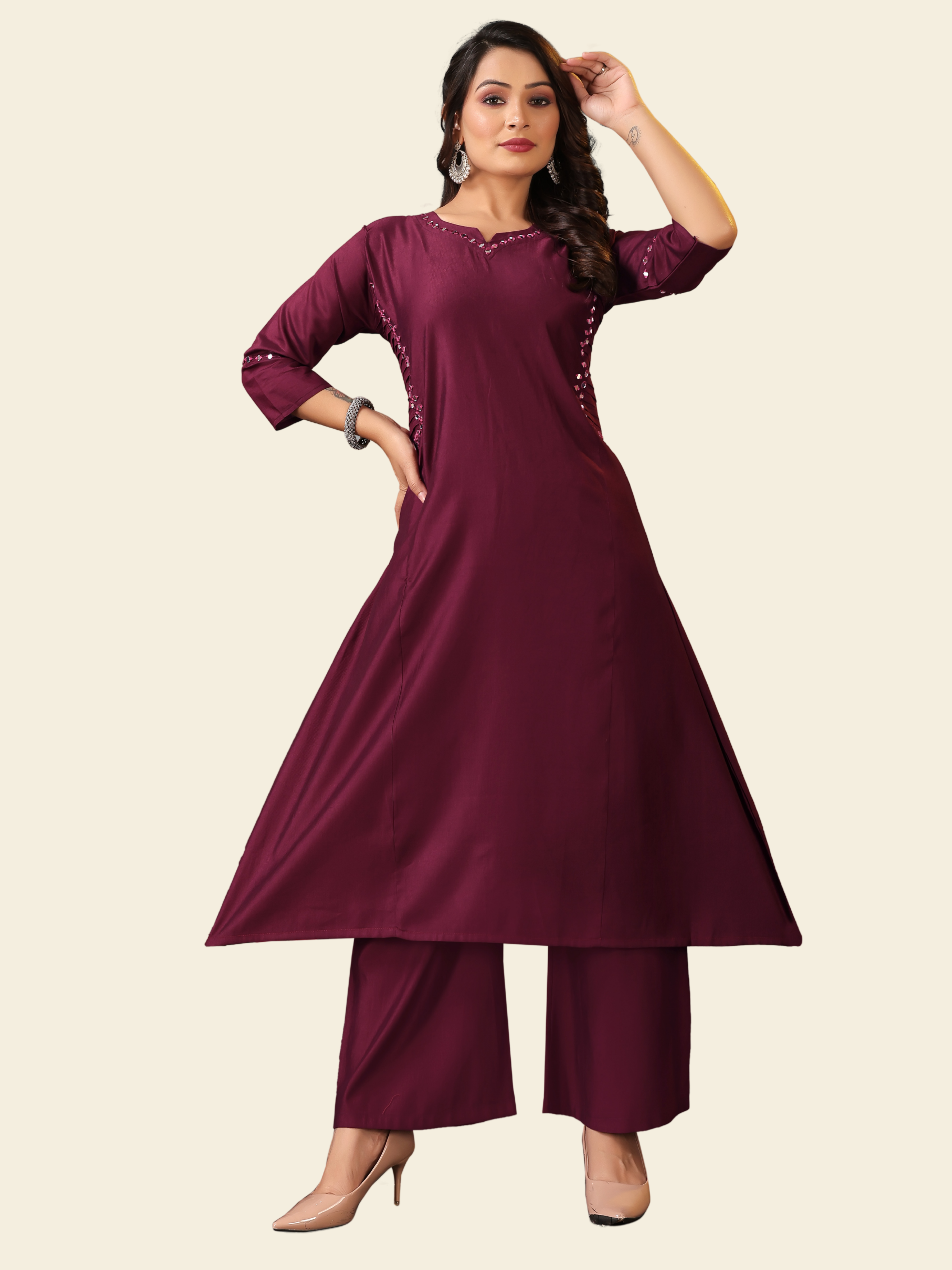 Gadhval Maroon A-Line Kurti with Mirror Detailing and Pant