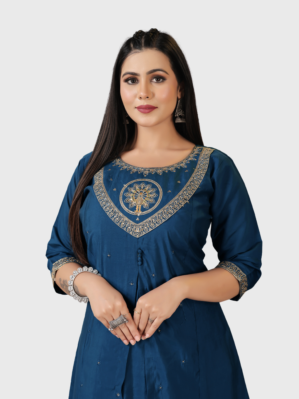 Elegant Roman Silk Round Neck Suit Set –Navy Blue | Embroidered with Cotton Linen & Digital Dupatta