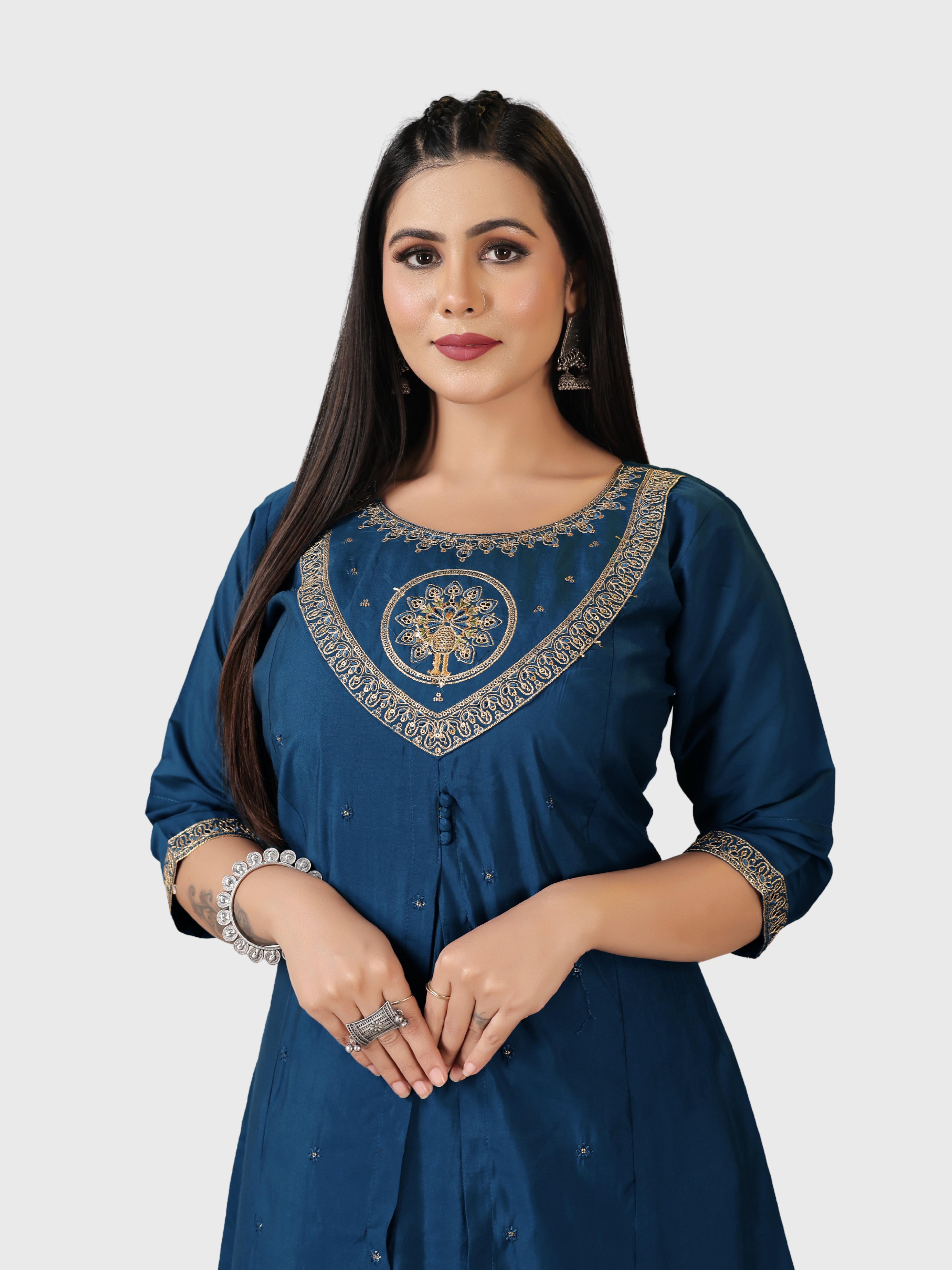Elegant Roman Silk Round Neck Suit Set –Navy Blue | Embroidered with Cotton Linen & Digital Dupatta