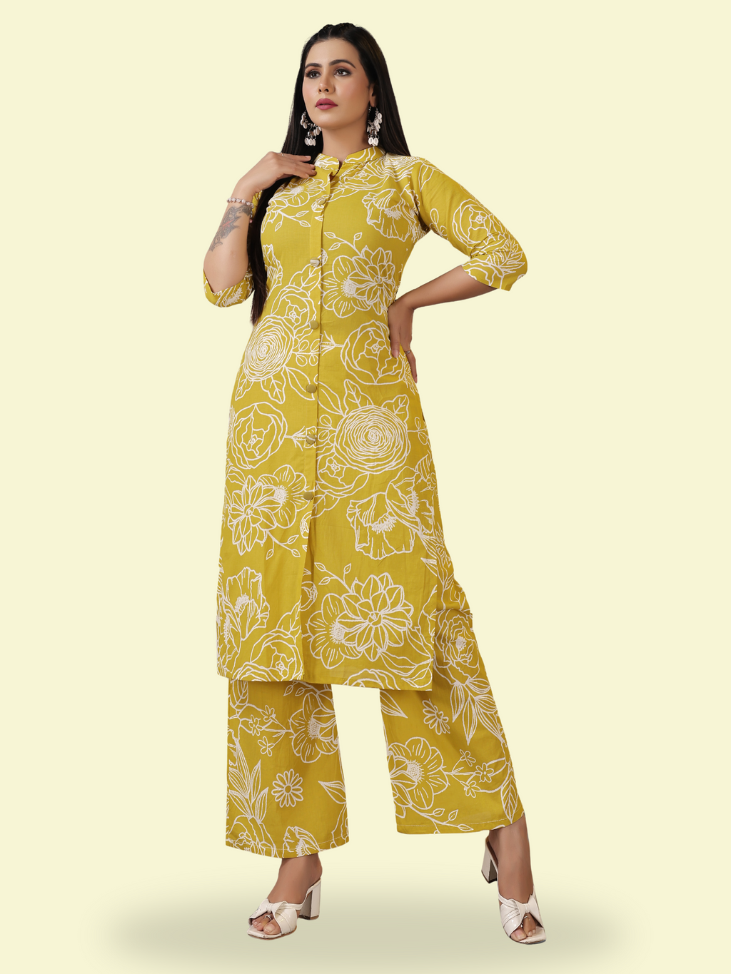 Mustard 100% Cotton Cambric A-Line Kurti & Pant Set