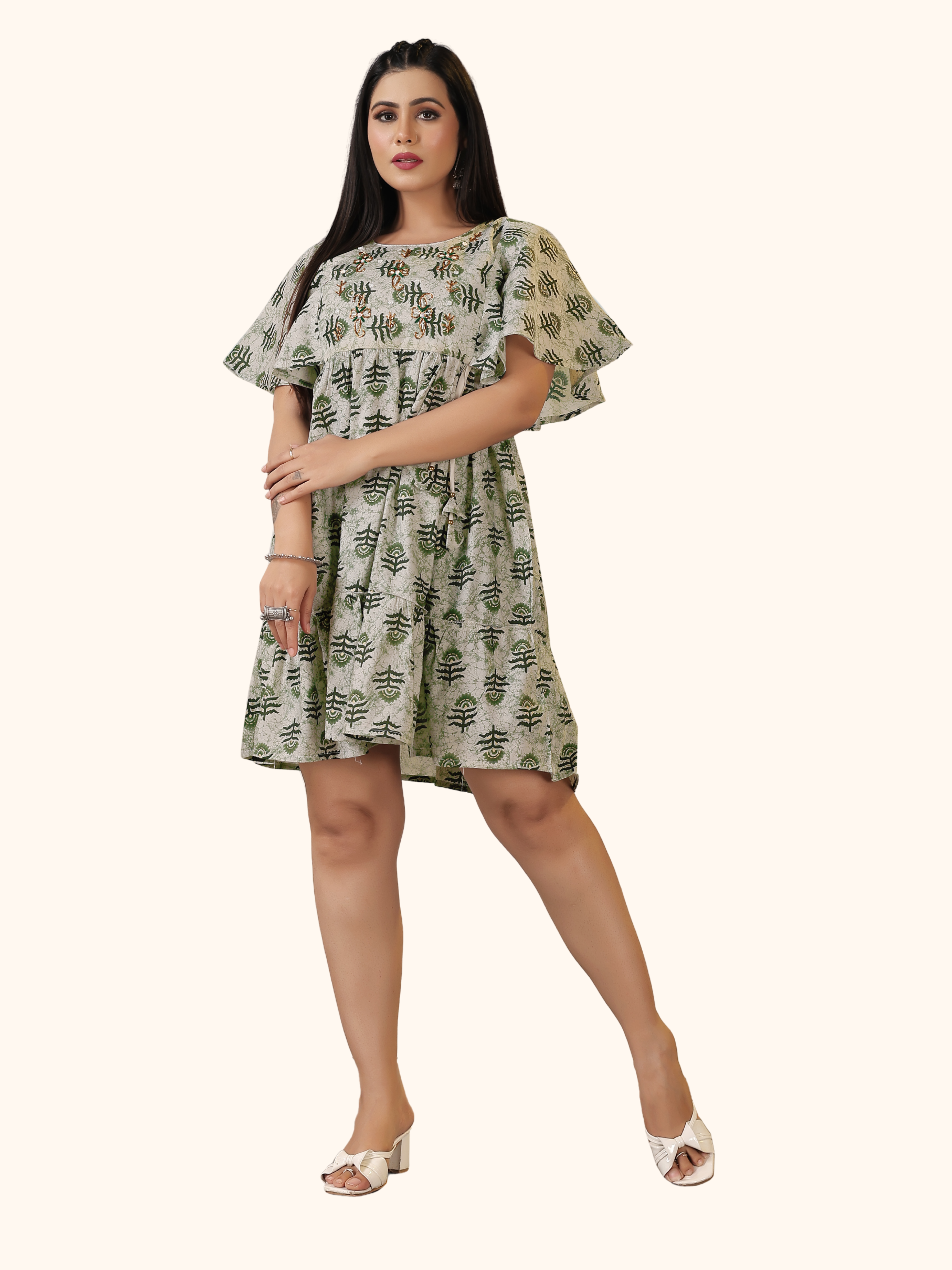 Ash Olive Floral One-Piece Frock Dress with Belt | Modal Silk with Cotton Lining