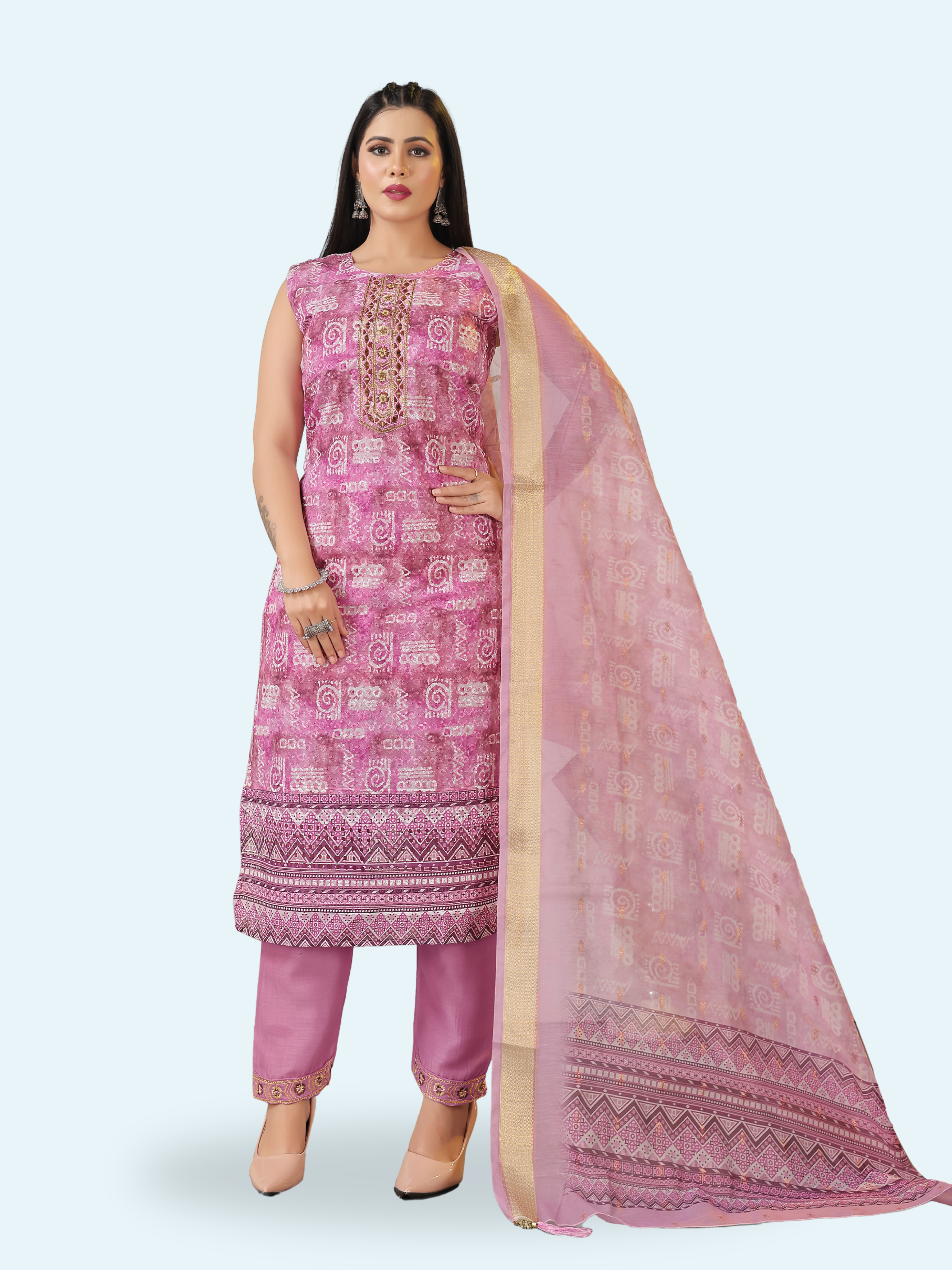 Mauve Rose Pink 3-Piece Suit with Chikan Embroidery, Digital Print & Mirror Work | Sleeveless Kurti, Embroidered Pants & Digital Dupatta