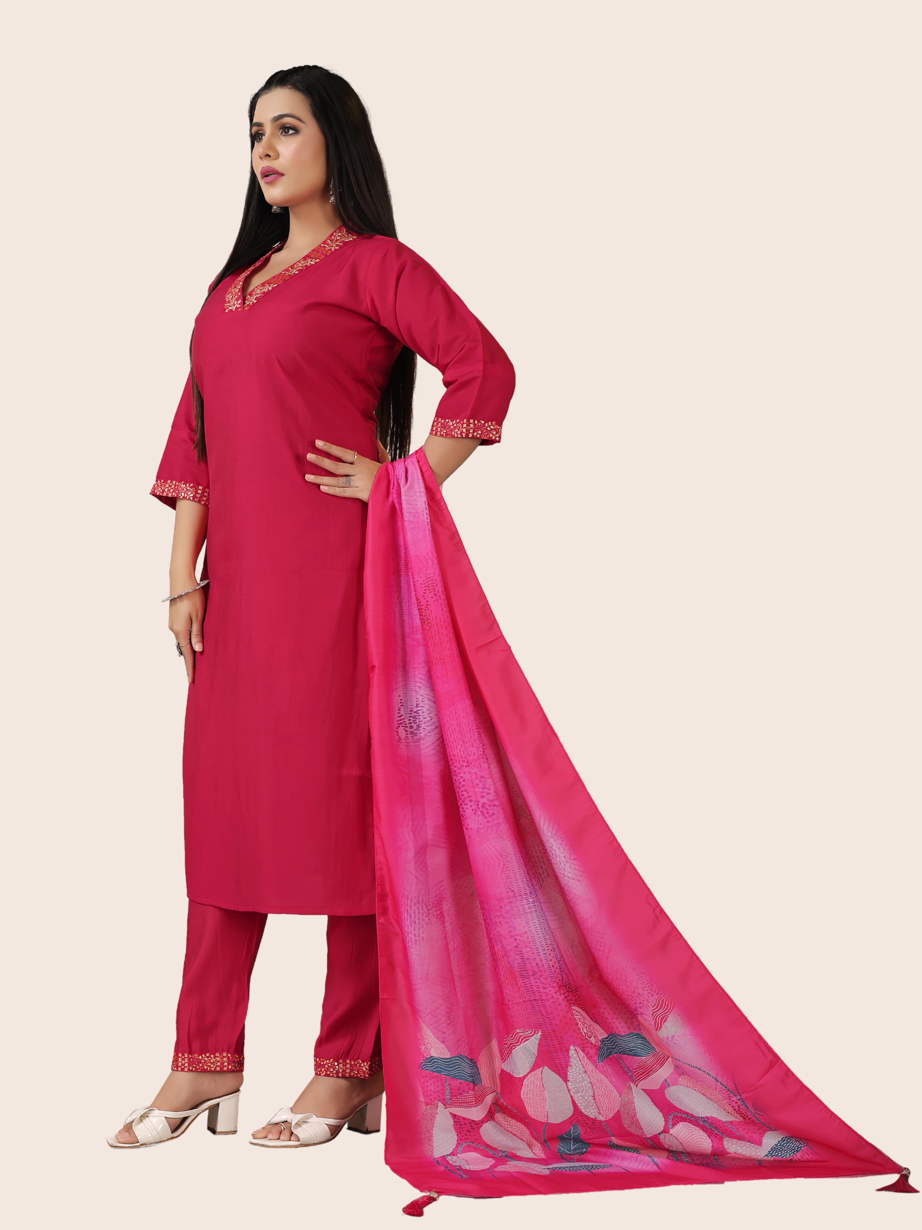 V Neck Roman Silk 3 Piece Suit Set - Raspberry Red | Embroidered with Cotton Linen & Digital Dupatta