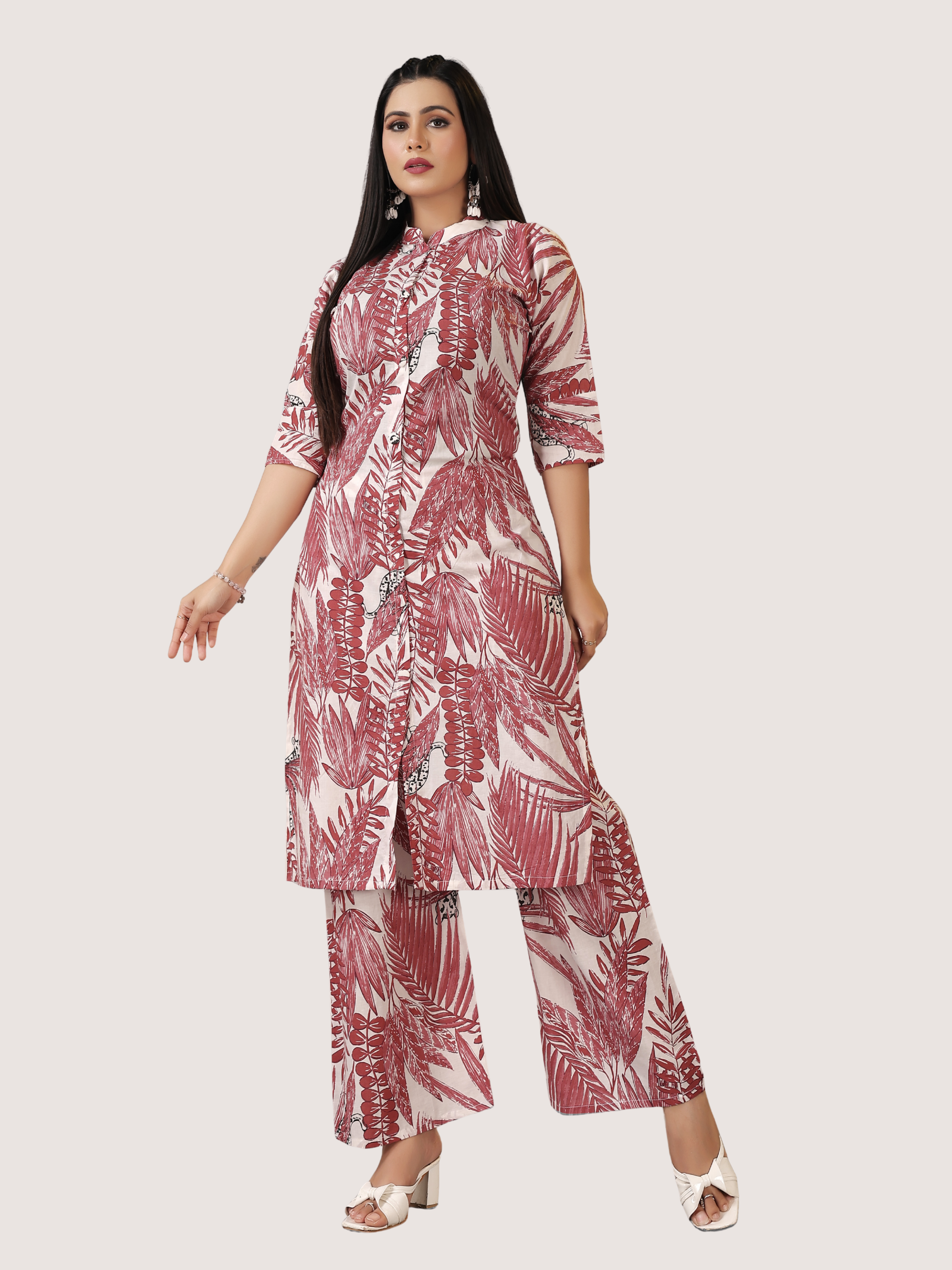 Maroon Cambric Cotton A-Line Kurti & Pant Set