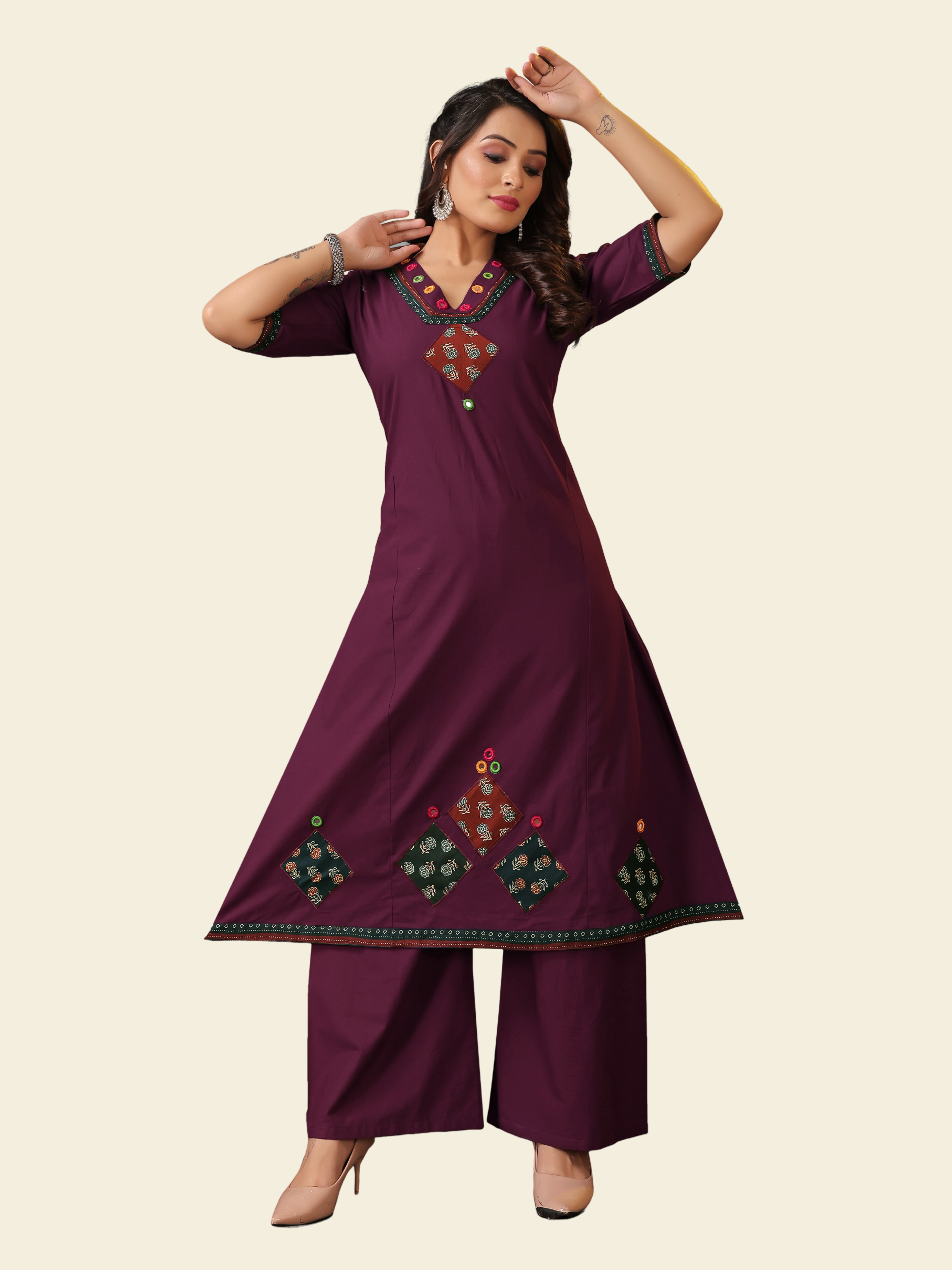 Purple Dhabu Cotton Kaly Mirror Work Kurti Set