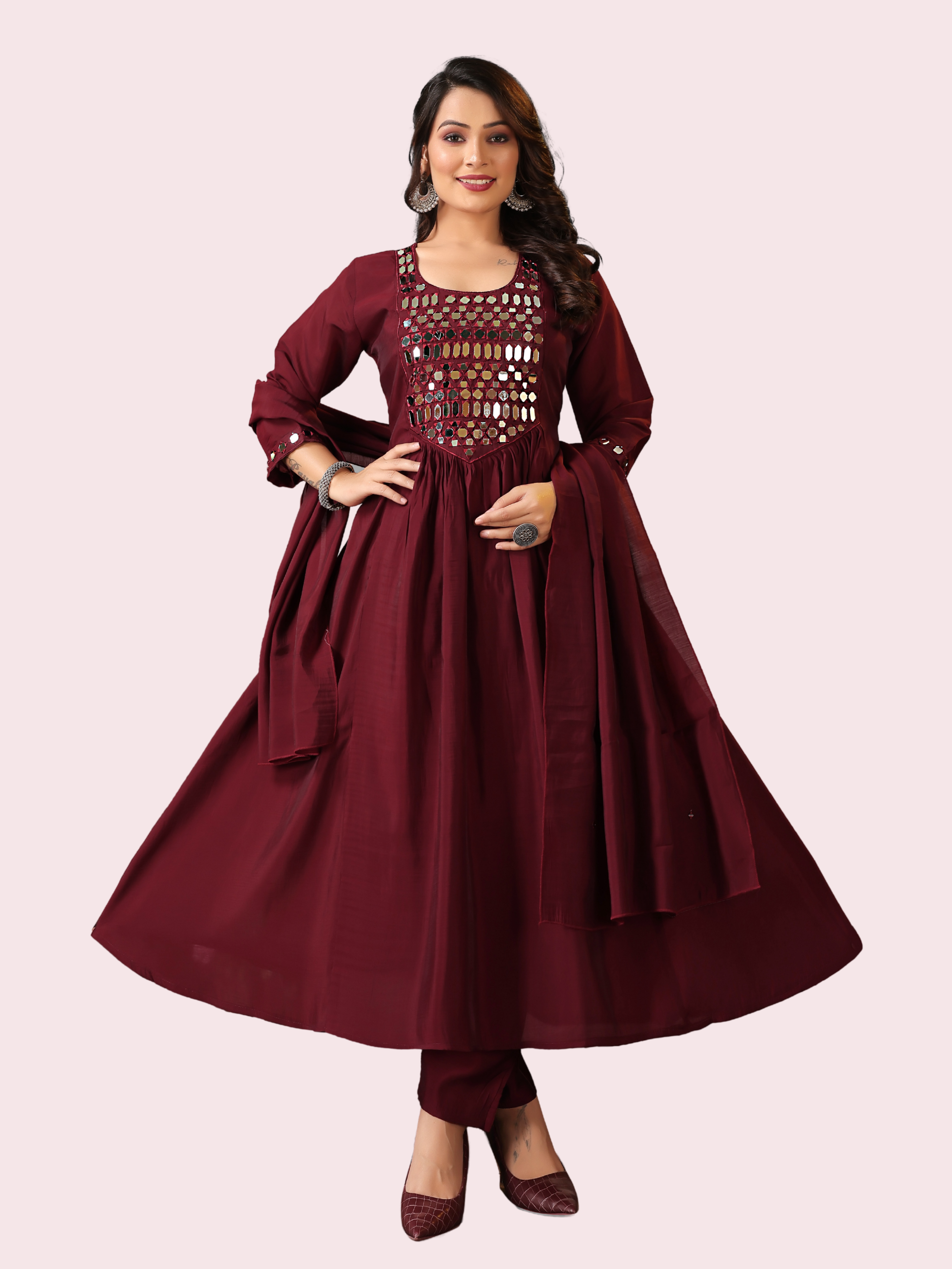 Mal Chanderi Anarkali Kurti with Mirror Work, Pant & Dupatta