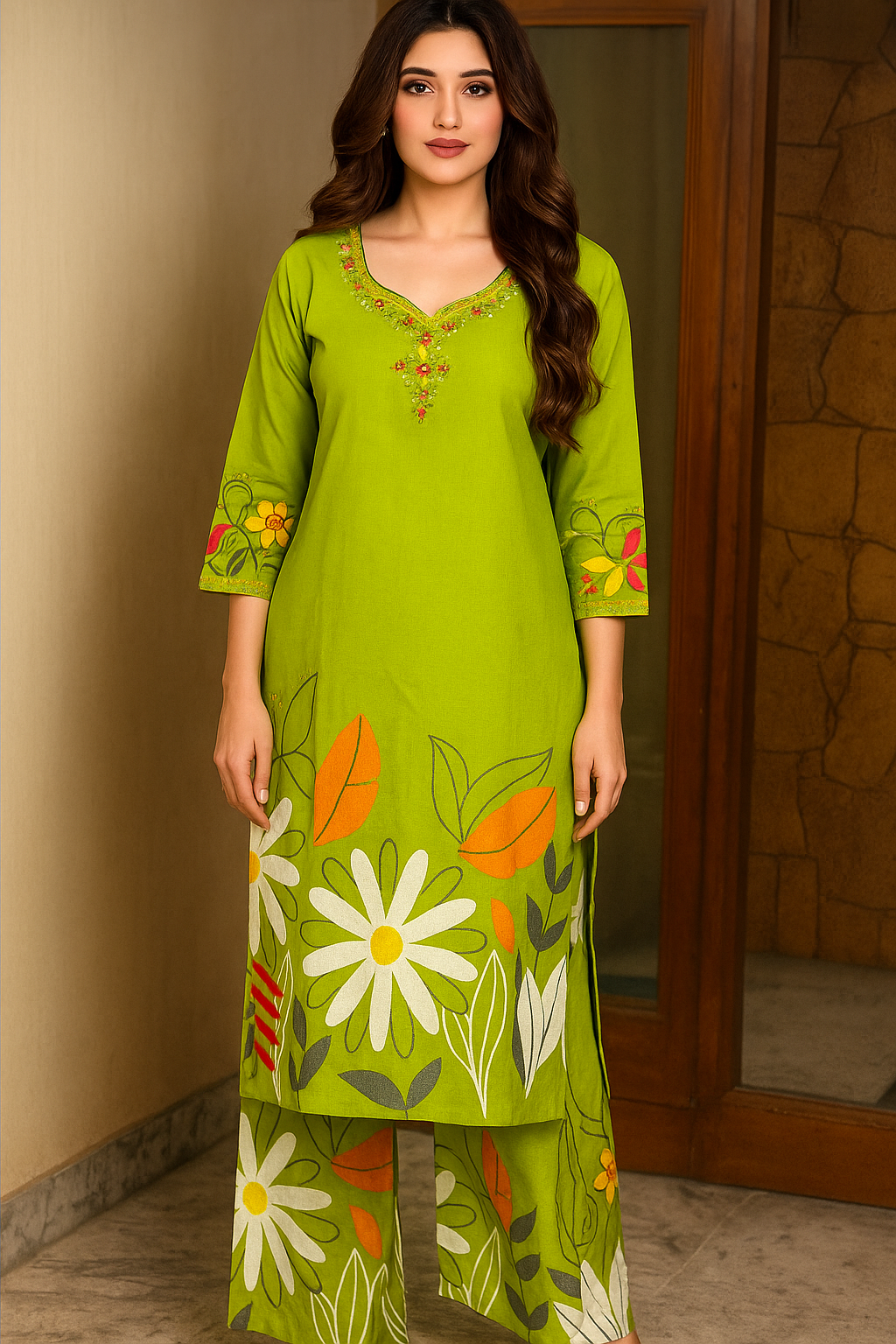 Green Floral Embroidered Riyon Coord Set | 3/4th Sleeve Kurti with Pants
