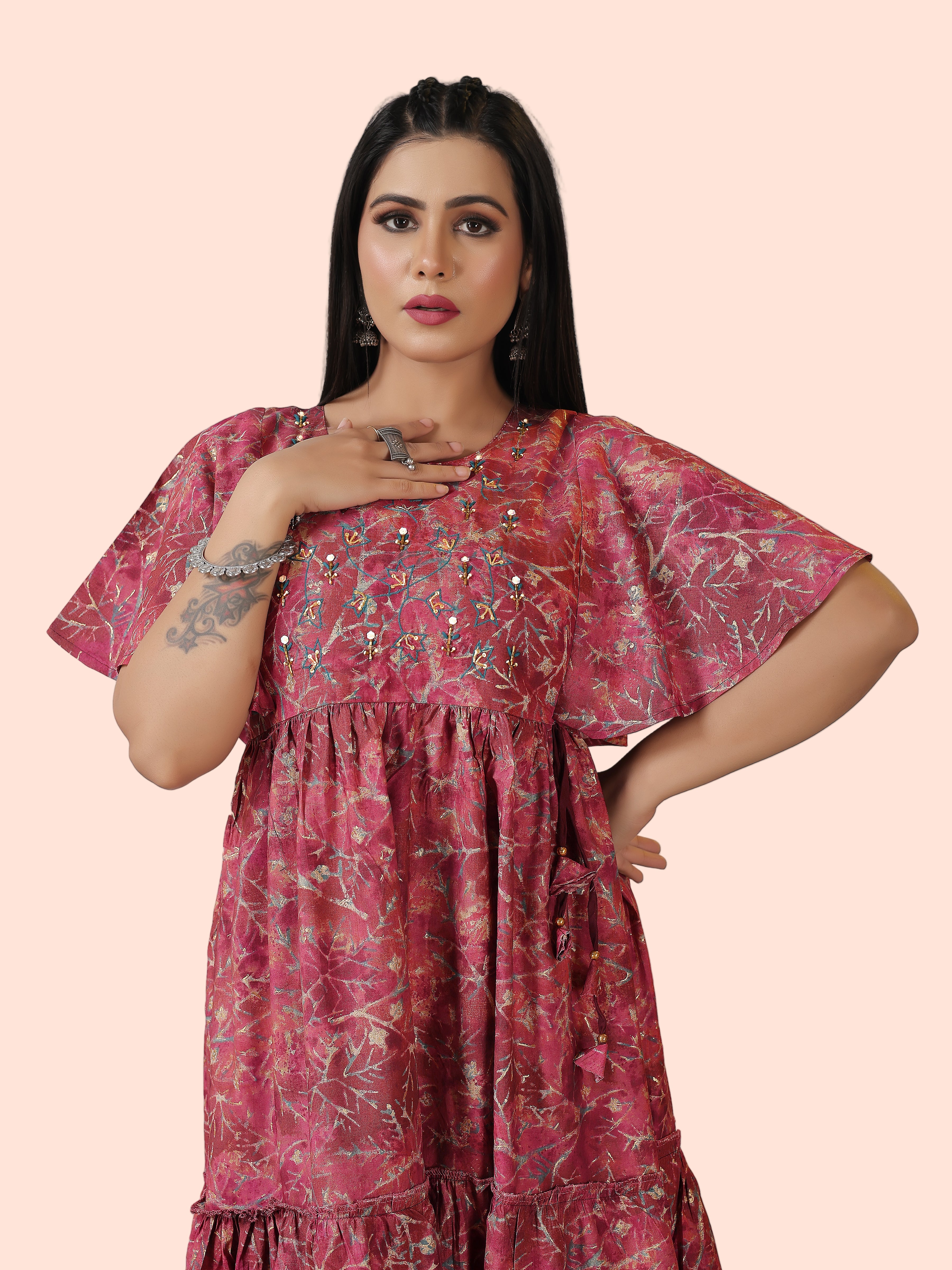 Maroon Floral One-Piece Frock Dress with Belt | Modal Silk with Cotton Lining