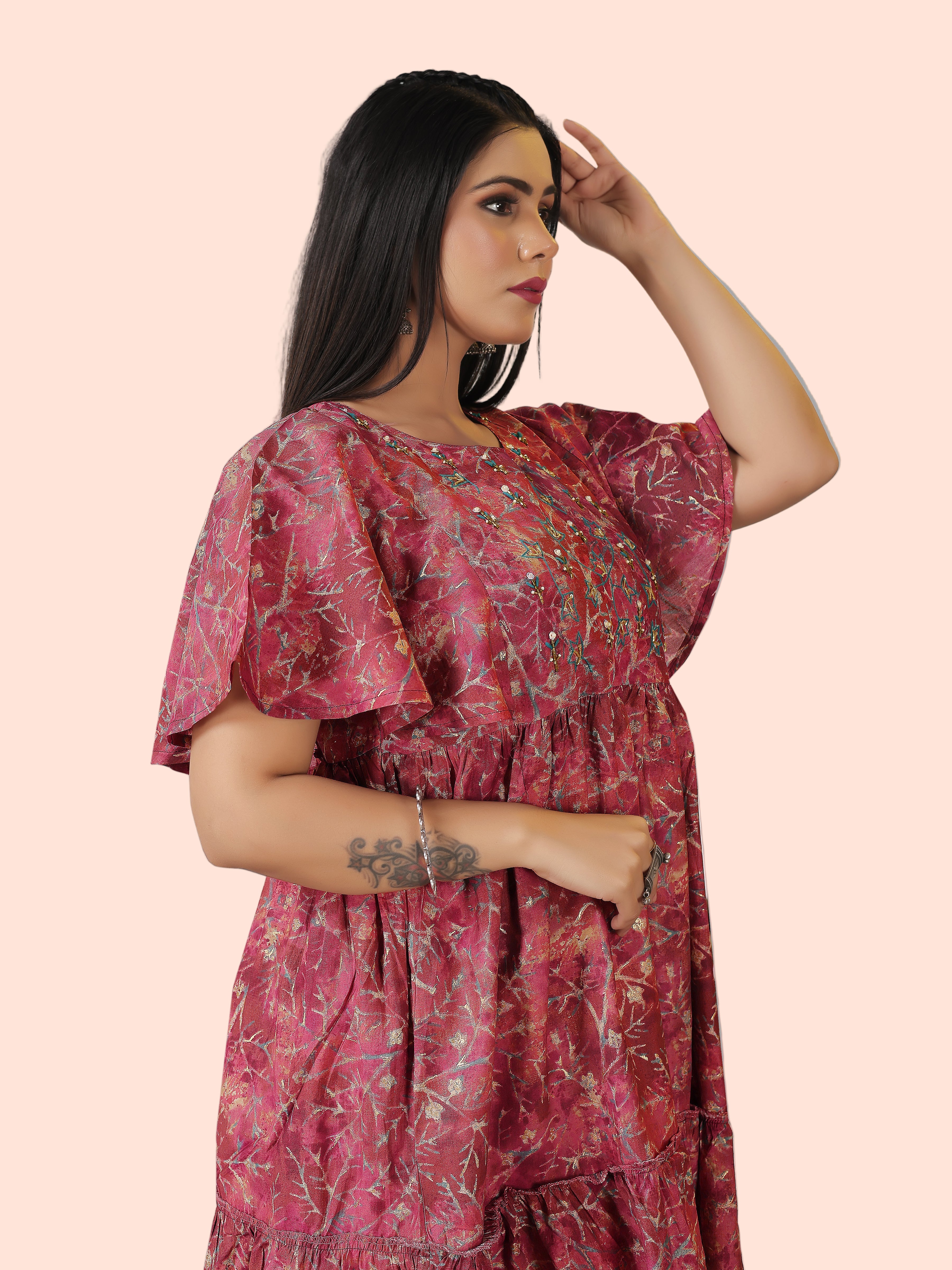 Maroon Floral One-Piece Frock Dress with Belt | Modal Silk with Cotton Lining
