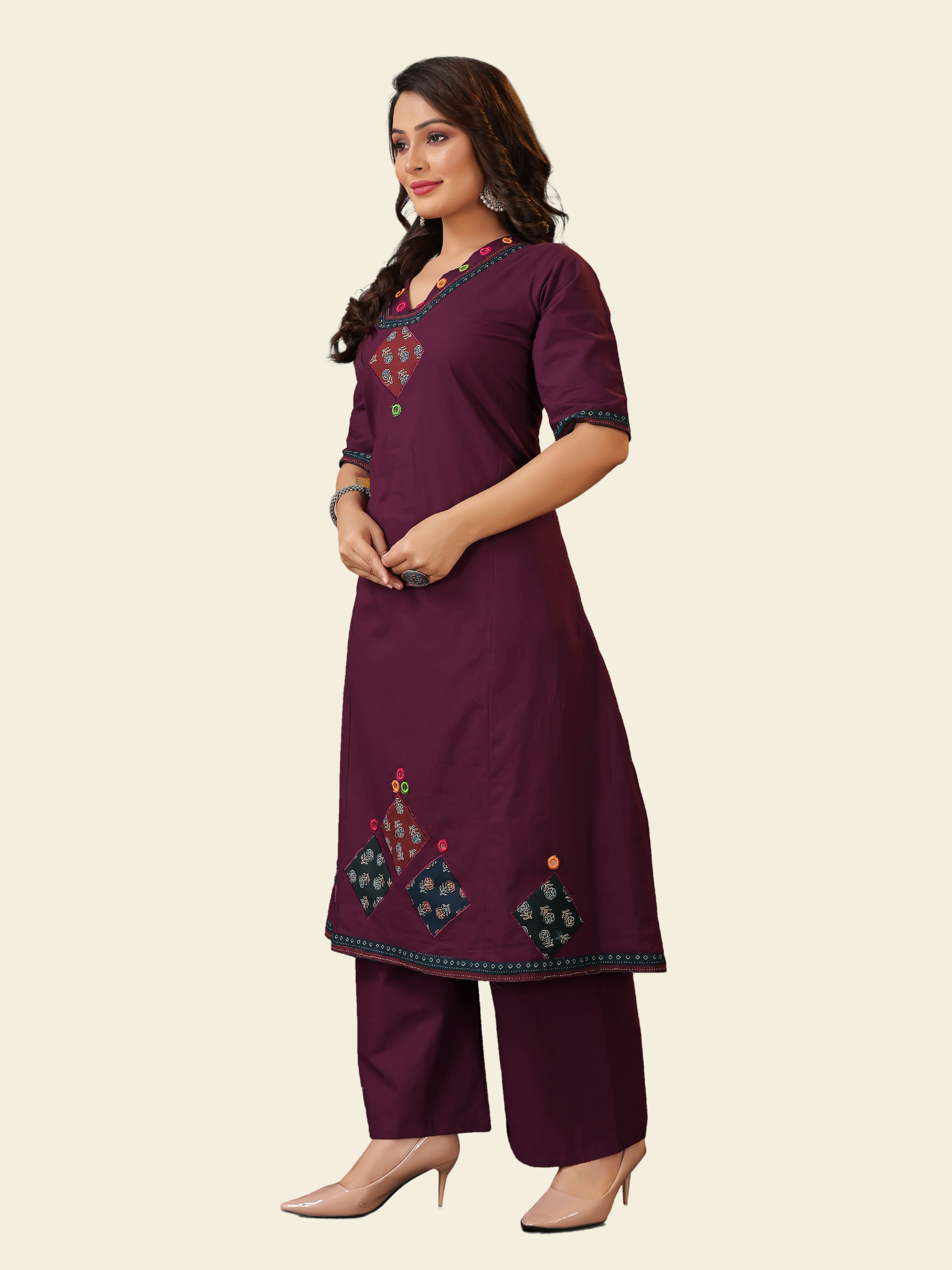 Purple Dhabu Cotton Kaly Mirror Work Kurti Set