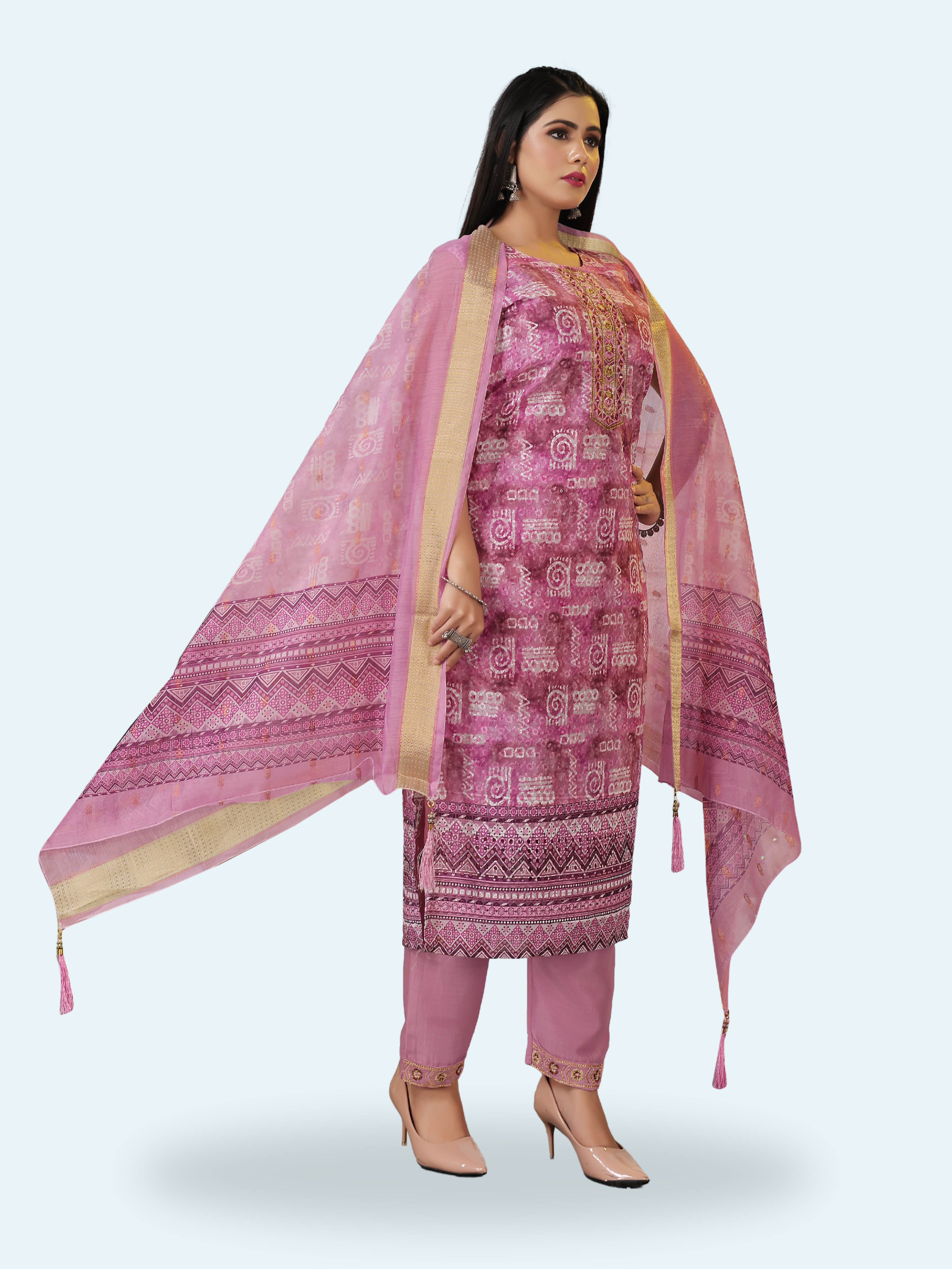 Mauve Rose Pink 3-Piece Suit with Chikan Embroidery, Digital Print & Mirror Work | Sleeveless Kurti, Embroidered Pants & Digital Dupatta